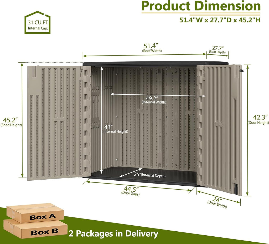 ZZM 37 Cu.ft Outdoor Storage Shed with Floor HDPE Double-Wall Resin Sheds Outdoor Storage, Lockable Weatherproof Storage Cabinet Fit for Garden Tools, Garage can, Bike, Patio Furniture, Brown