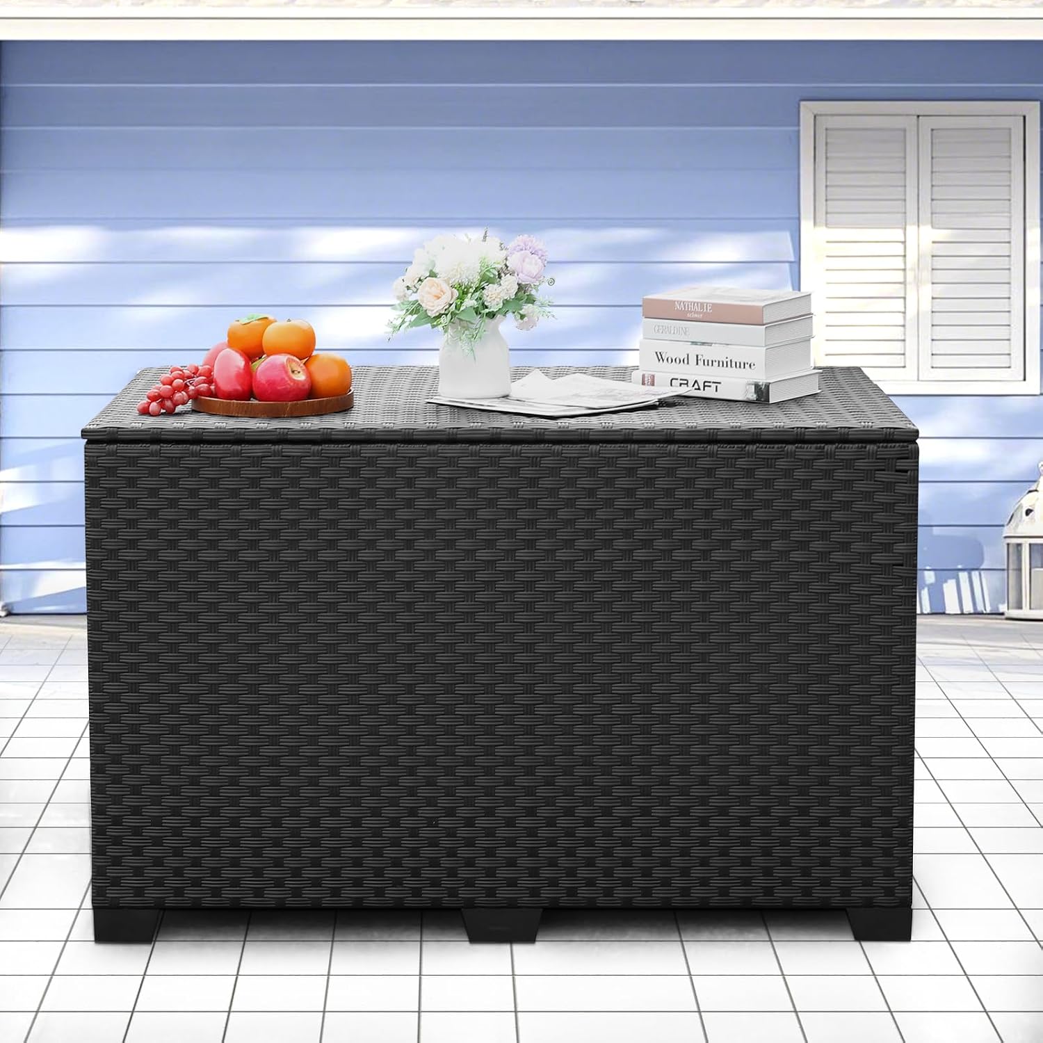 Lviden 140 Gallon Outdoor Storage Box Wicker Patio Storage Bin with Waterproof Lining Bag Deck Box and Cushion Storage Bin Outdoor, Black
