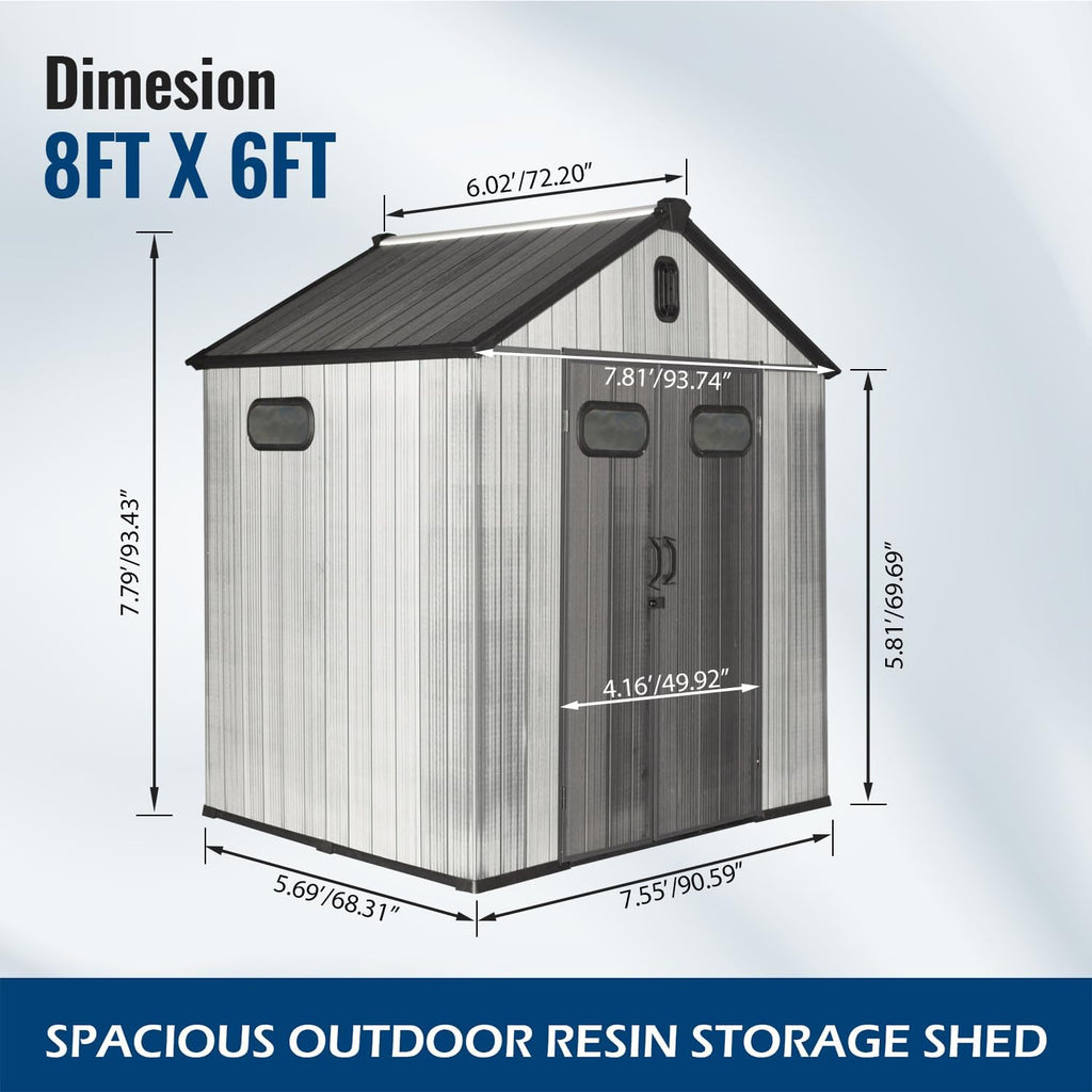 Domi 8x6Ft Resin Outdoor Storage Shed, Plastic Garden Shed with Carpet, Outside Weatherproof Storage Building for Tools, Bike, Lawn Mower, Patio, Backyard