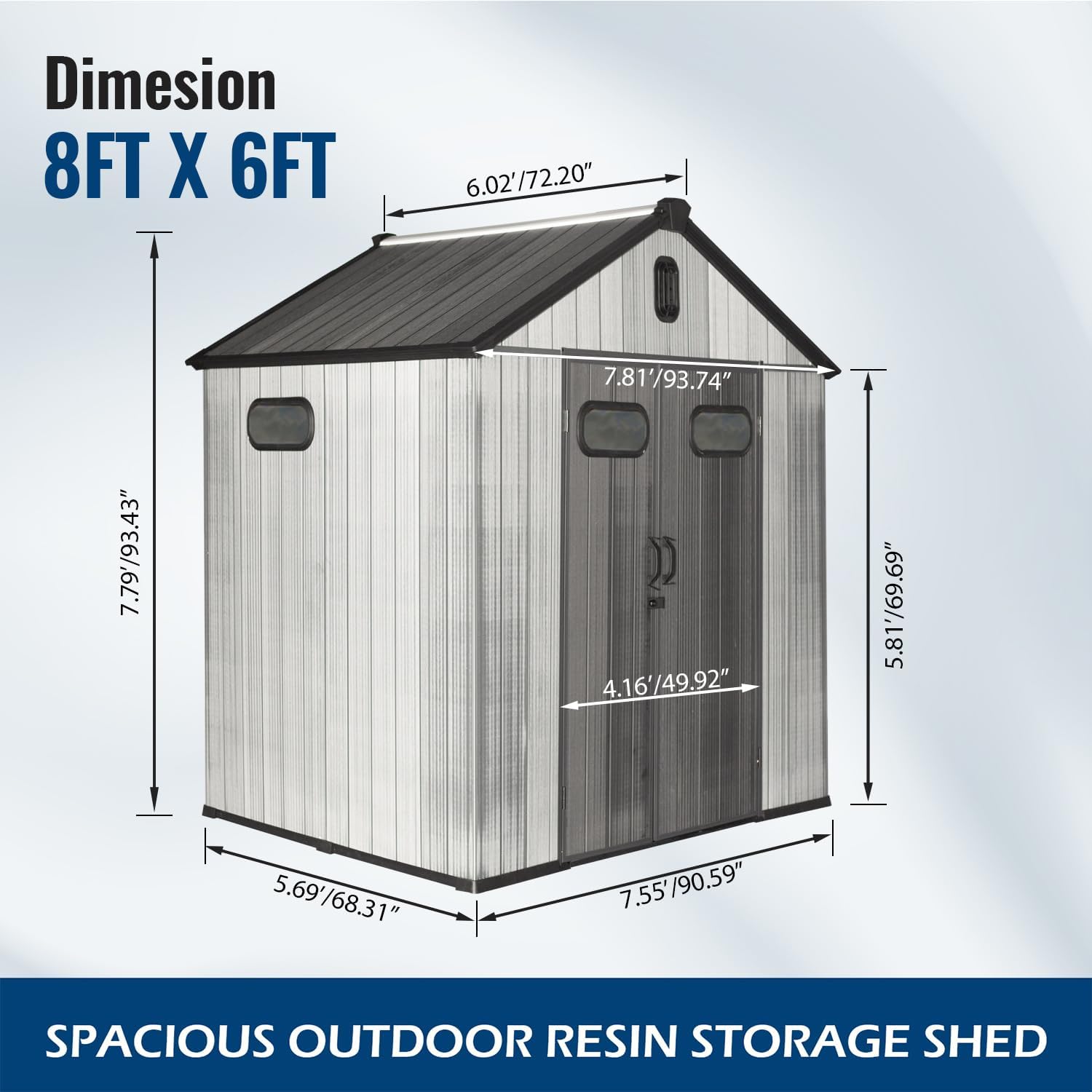 Domi 8x6Ft Resin Outdoor Storage Shed, Plastic Garden Shed with Carpet, Outside Weatherproof Storage Building for Tools, Bike, Lawn Mower, Patio, Backyard
