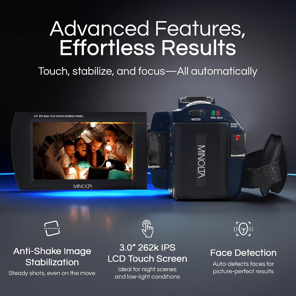 Minolta Camcorder - 4K Ultra HD, 30MP Photos, Night Vision with IR LEDs, 16X Zoom, Time-Lapse, Anti-Shake, 3' Touchscreen, HDMI USB Output, SD Slot, CMOS Sensor (Black)