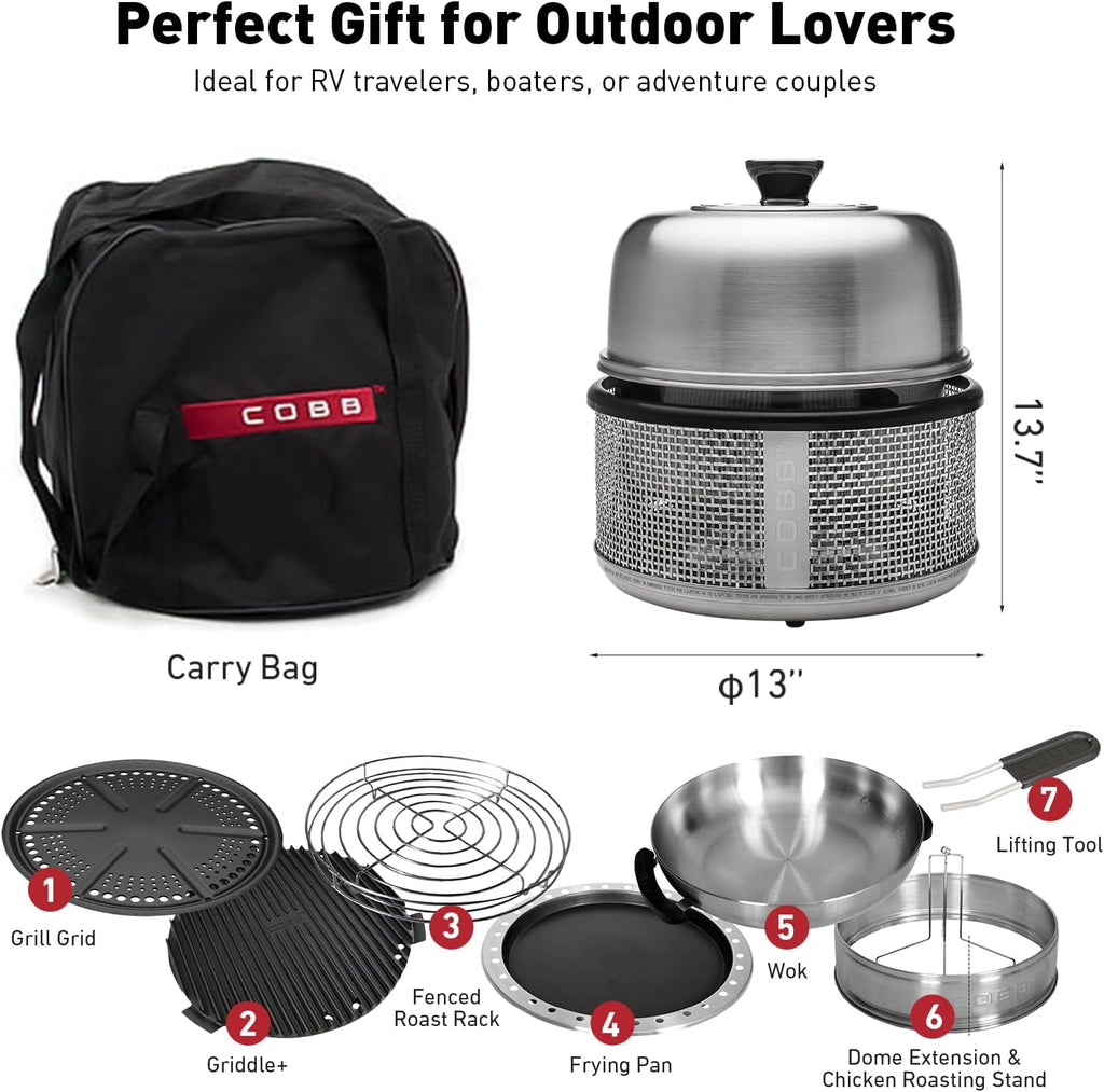 COBB Stainless Steel Smokeless Portable Table Top Charcoal Grill with Griddle Pan, 10 in 1 BBQ Grill for Camping, Boats & Rv, Outdoor Kitchen In A Box (Accessories Included)