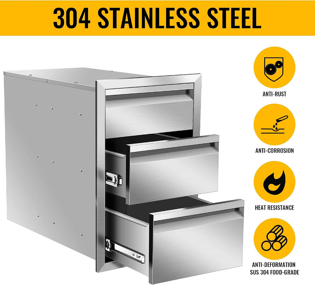 Outdoor Kitchen Drawers 14W x 21H x 23D Stainless Steel Flush Mount BBQ Triple Drawers for Outdoor Kitchen Island, or Patio Grill Station