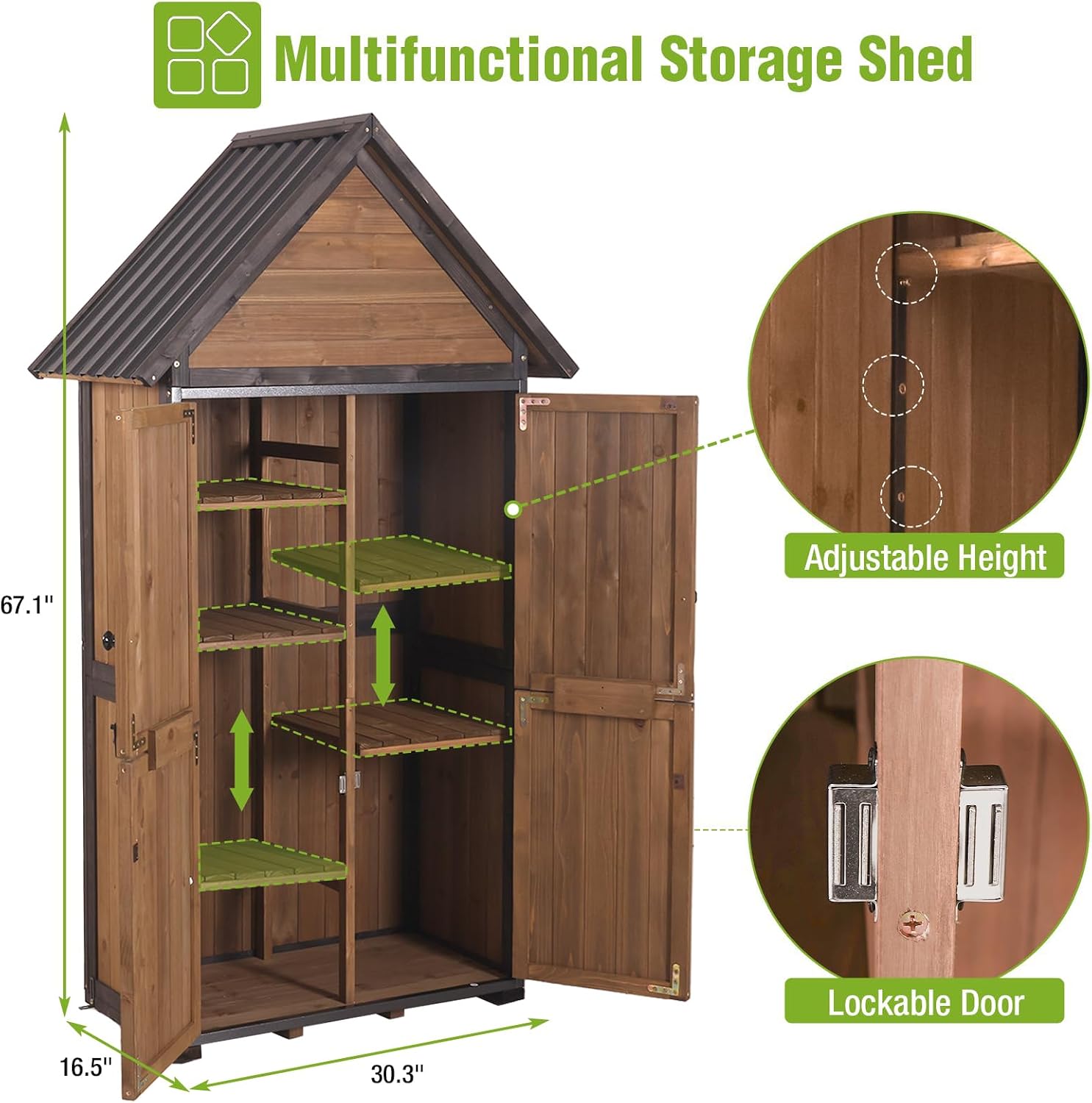Sheds Outdoor Storage, Wooden Garden Shed with All Around Strong Metal Frame, Large Tool Shed with Floor and Adjustable Shelves, for Backyard Garden Patio Lawn(Brown)