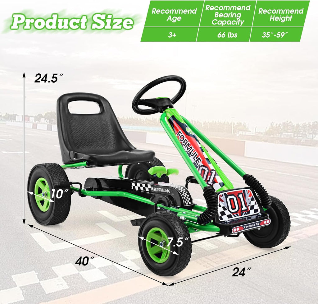 HONEY JOY Go Kart for Kids, 4 Wheel Quad Off-Road Pedal On Foot Go Cart w/Steering Wheels & Adjustable Seat, 2 Safety Brakes, EVA Tires, Clutch, Outdoor Racer Ride On Pedal Car (Green)