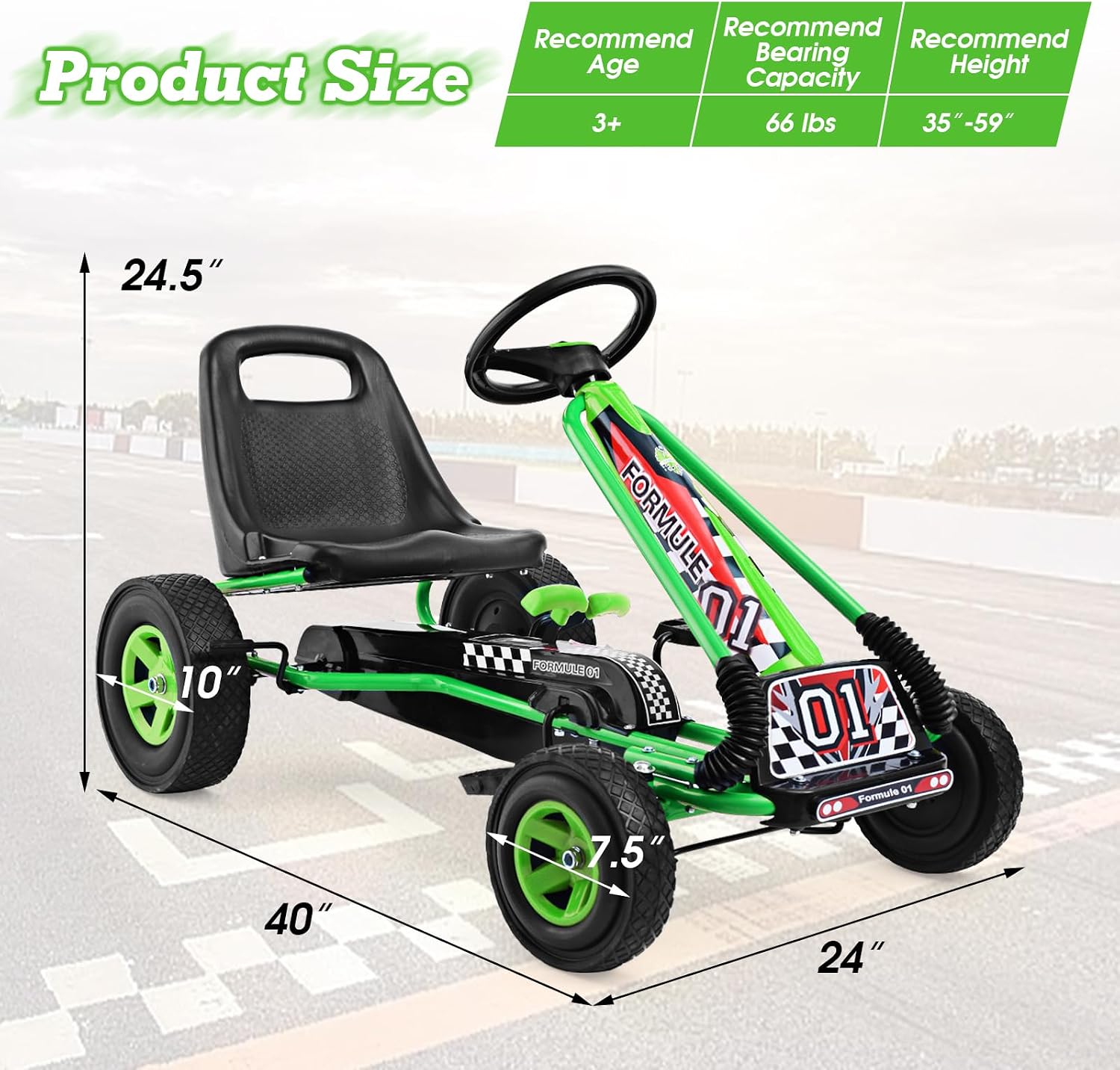 HONEY JOY Go Kart for Kids, 4 Wheel Quad Off-Road Pedal On Foot Go Cart w/Steering Wheels & Adjustable Seat, 2 Safety Brakes, EVA Tires, Clutch, Outdoor Racer Ride On Pedal Car (Green)