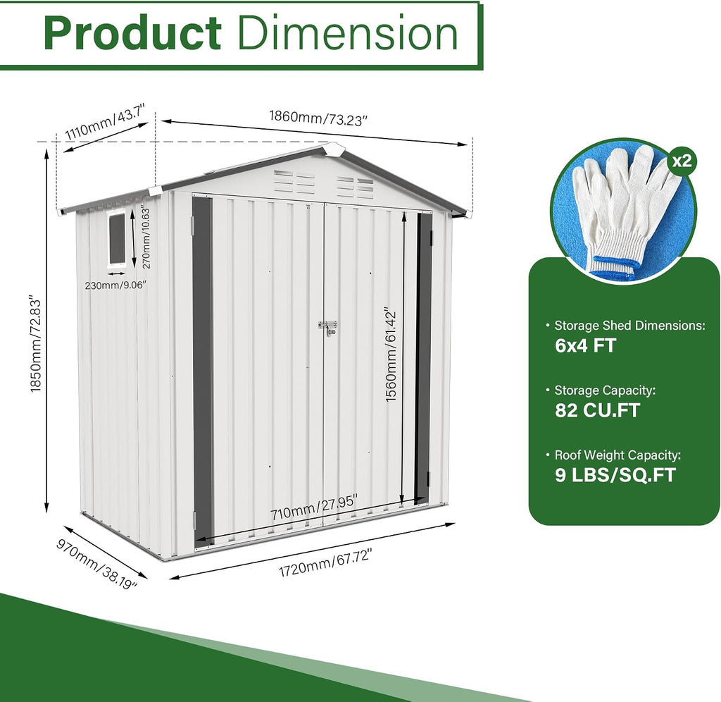 YOPTO Sheds & Outdoor Storage 6X4 FT,Metal Waterproof Tool Sheds with Side Window and Lockable Door,Backyard Buildings House W/Pitched Roof & Vents,for Garden,Lawn,Garbage Enclosure,White+Gray