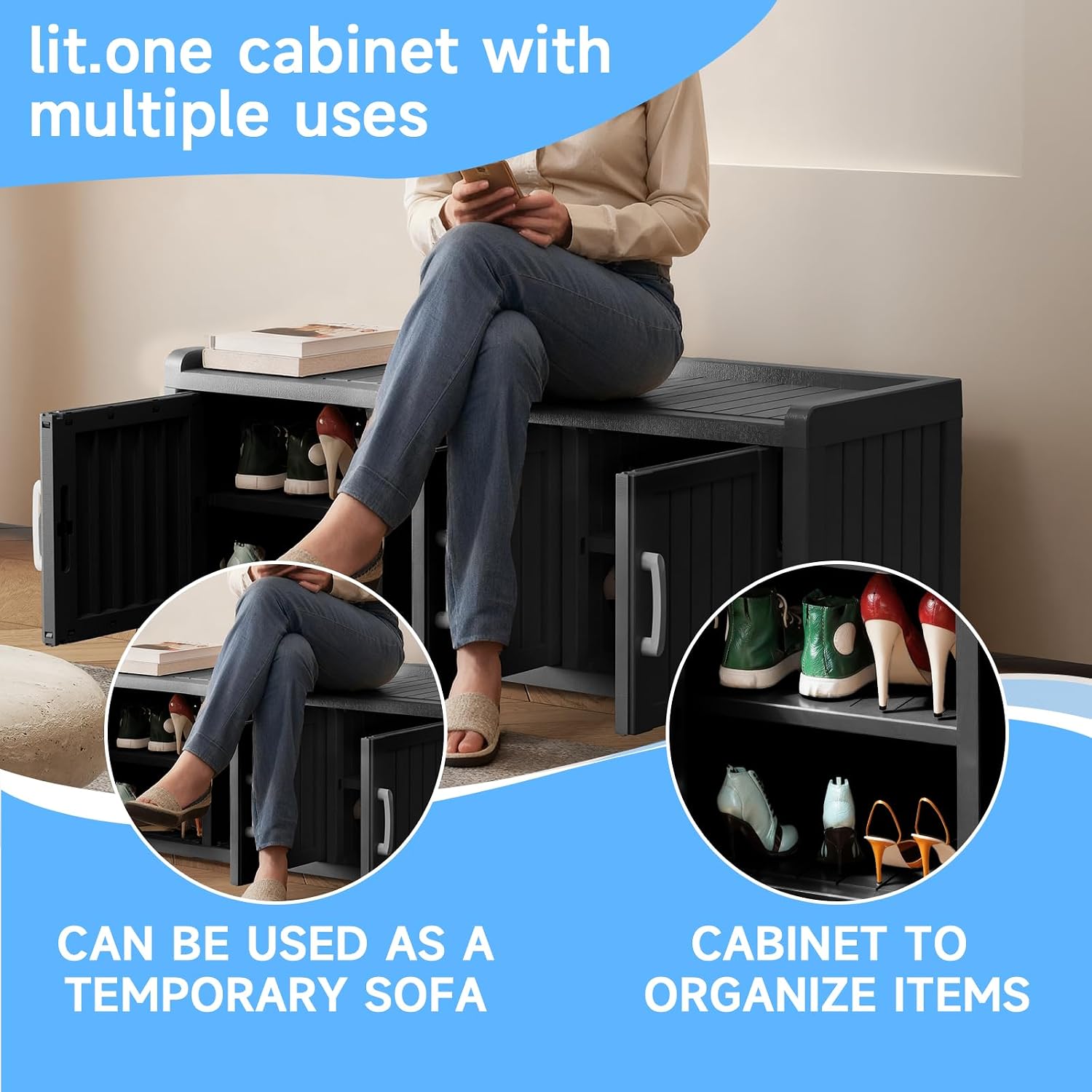 3 Doors Shoe Bench, Waterproof & UV-Resistant, Resin Shoe Cabinet Indoor & Outdoor Use, Entryway Bench with Adjustable Shelves & Hidden Storage Space for Bedroom, Hallway, Black