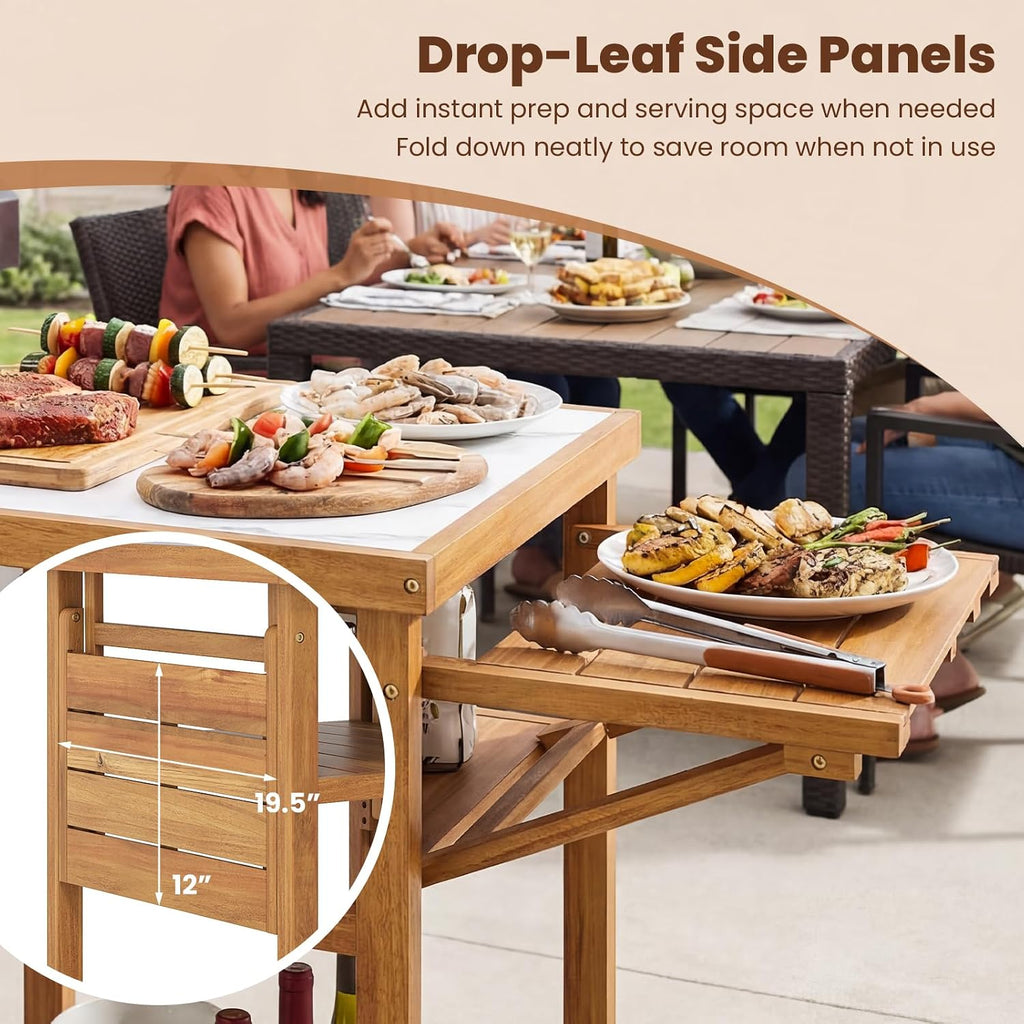 HAPPYGRILL Outdoor Wood Grill Table, Outside Kitchen Island & BBQ Prep Table w/Faux Marble Top, Drop-Leaf Side Panels & 2-Tier Open Shelves, Acacia Wood Pizza Oven Grill Cart for Patio Backyard Party