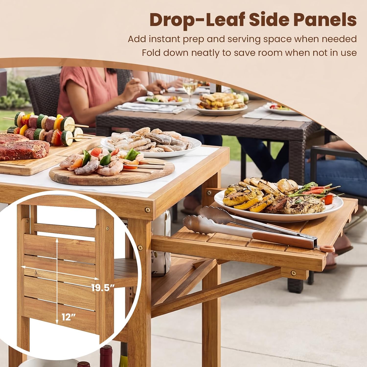 HAPPYGRILL Outdoor Wood Grill Table, Outside Kitchen Island & BBQ Prep Table w/Faux Marble Top, Drop-Leaf Side Panels & 2-Tier Open Shelves, Acacia Wood Pizza Oven Grill Cart for Patio Backyard Party