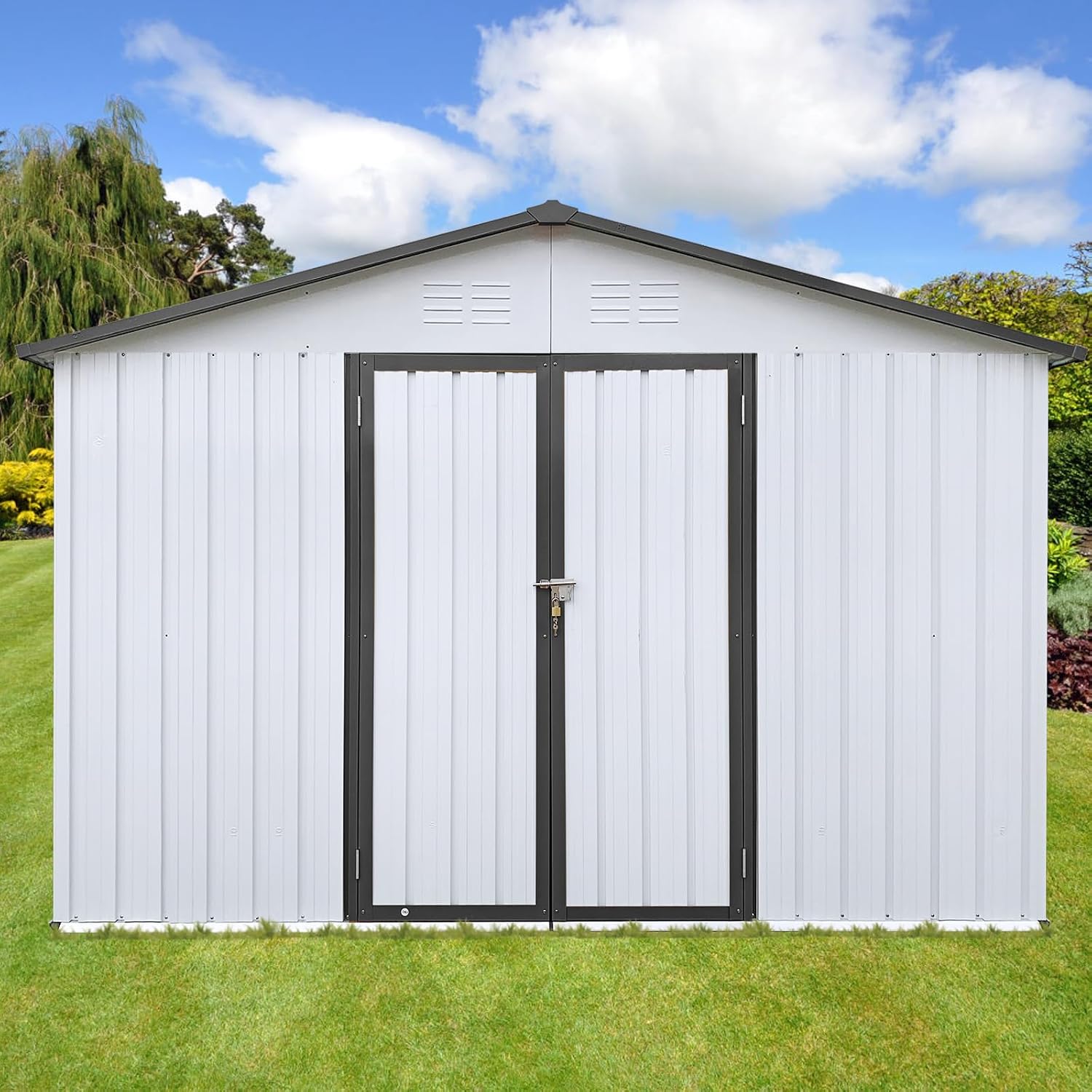 Ball & Cast 10x12 FT Sheds & Outdoor Storage,Metal Aluminum Garden Shed,with Punched Vents,Waterproof Cabinet w/Hinged Door and Padlock,Tool House for Storing Bicycles,Lawnmowers,Barbeques,White+Grey