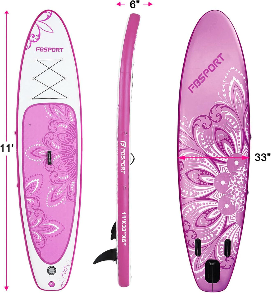 FBSPORT 11' Premium Stand Up Paddle Board, Yoga Board with SUP Accessories & Carry Bag | Wide Stance, Surf Control, Non-Slip Deck, Leash, Paddle and Pump for Youth & Adult