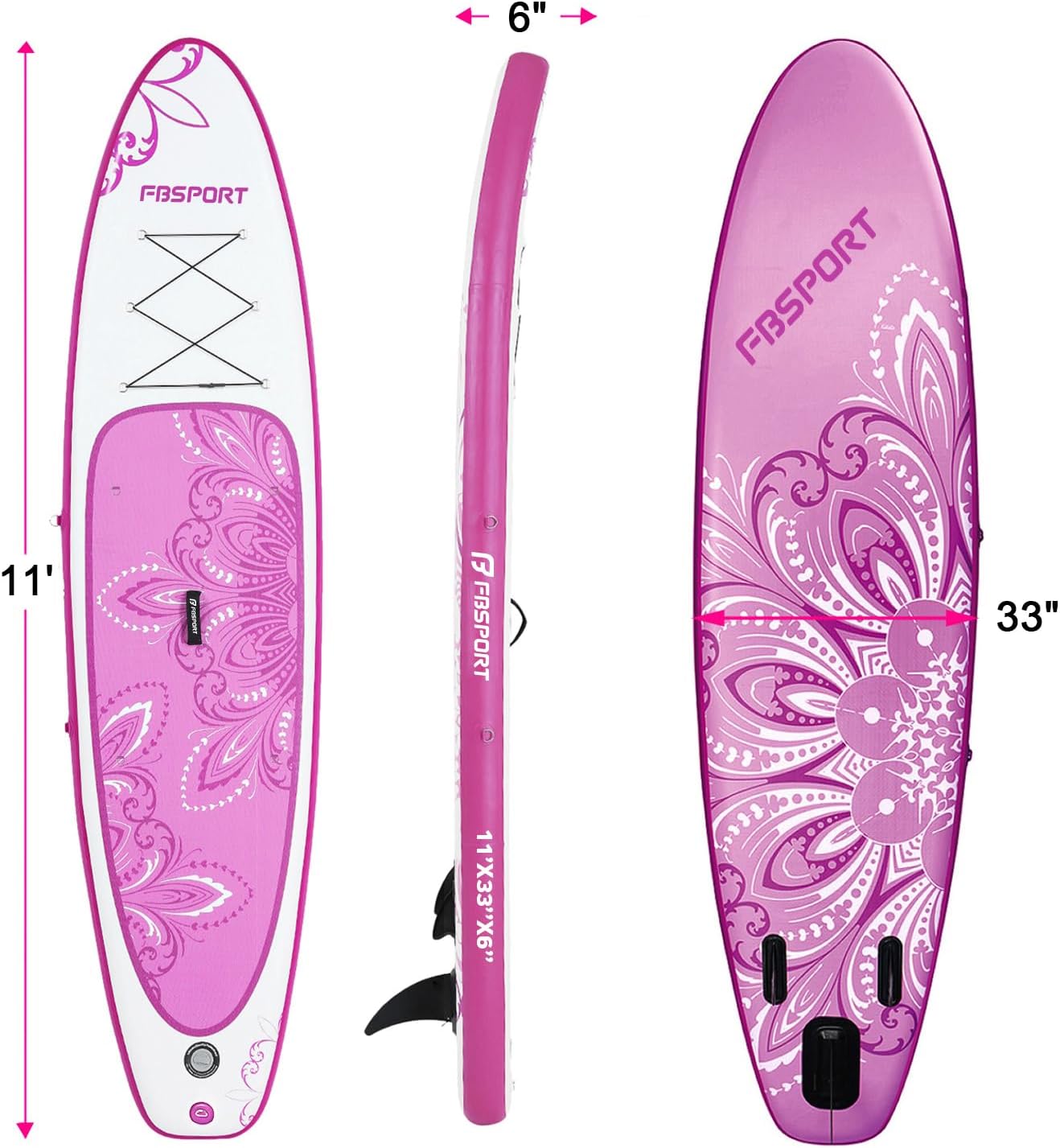 FBSPORT 11' Premium Stand Up Paddle Board, Yoga Board with SUP Accessories & Carry Bag | Wide Stance, Surf Control, Non-Slip Deck, Leash, Paddle and Pump for Youth & Adult