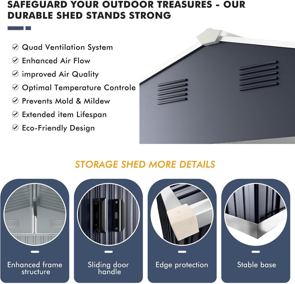 Metal Shed 8x10 FT, Military-Grade Reinforced Frame with Powder Coating, Steel Sheds with Sliding Door and Air Vents for Garden, Backyard, and Patio
