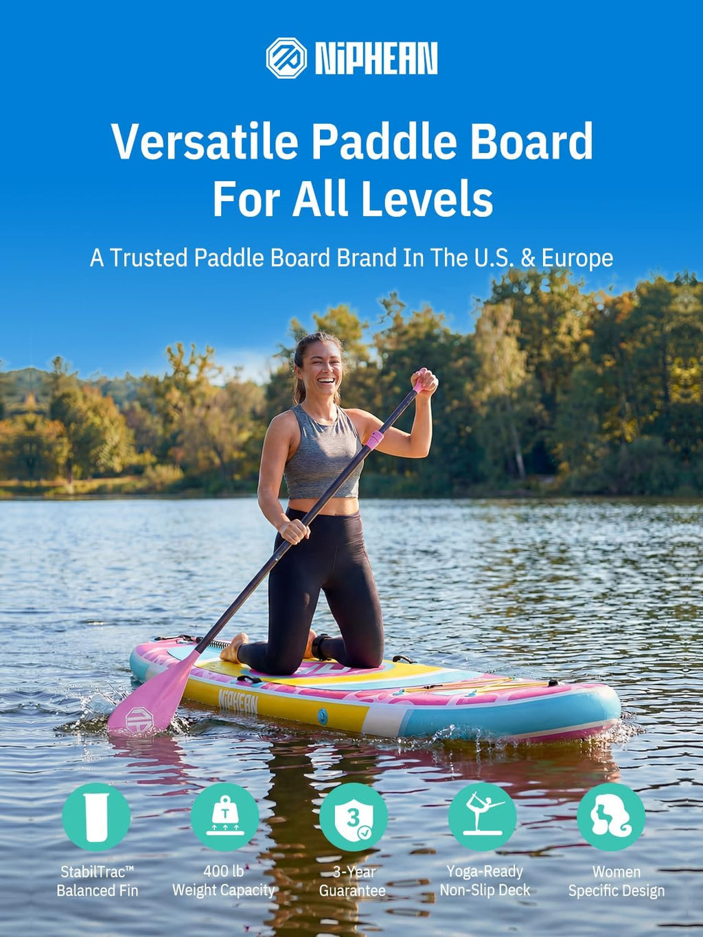Niphean（Ultra-Light） Inflatable Paddle Board with StabilTrac Fin and Durable SUP Accessories, 10' Stand Up Paddle Boards for Adults & Youth, Versatile Yoga Paddle Board, Gift Ideas