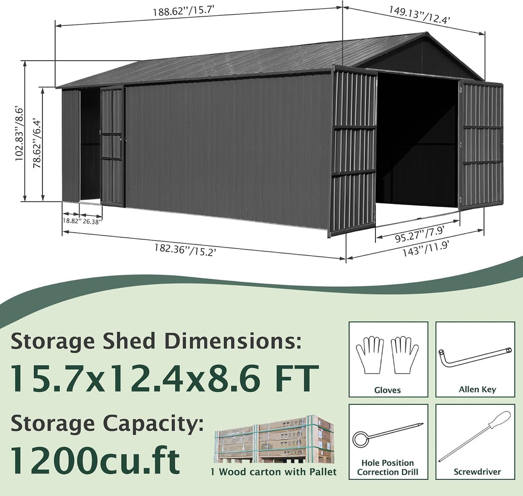 Domi 12'x15' Outdoor Metal Garage Shed, Weatherproof Enclosed Carport with Sidewalls & 2 Lockable Doors, Backyard Storage Shed for Car, Bike, Motorcycle, Lawn Mower, 80MPH Wind Resistance, Dark Grey