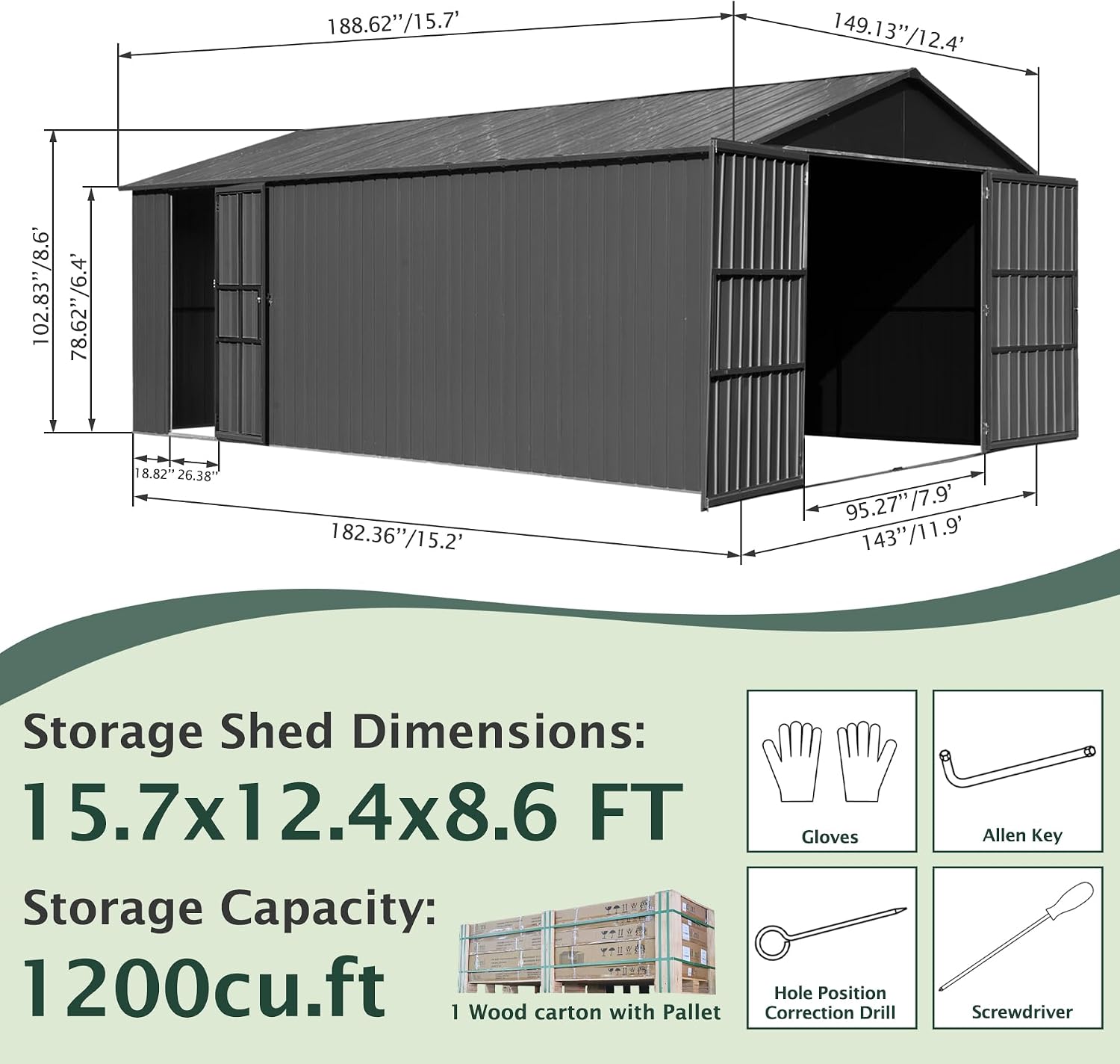 Domi 12'x15' Outdoor Metal Garage Shed, Weatherproof Enclosed Carport with Sidewalls & 2 Lockable Doors, Backyard Storage Shed for Car, Bike, Motorcycle, Lawn Mower, 80MPH Wind Resistance, Dark Grey