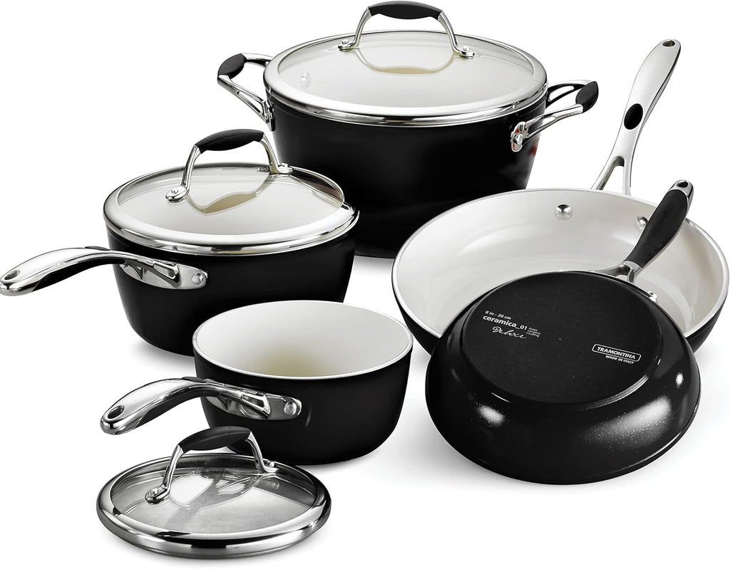 Tramontina Ceramica Deluxe 8-Piece Cookware Set with Lids, Ceramic Non Stick Pots and Pans Kitchen Set, Oven-Safe, Metallic Black