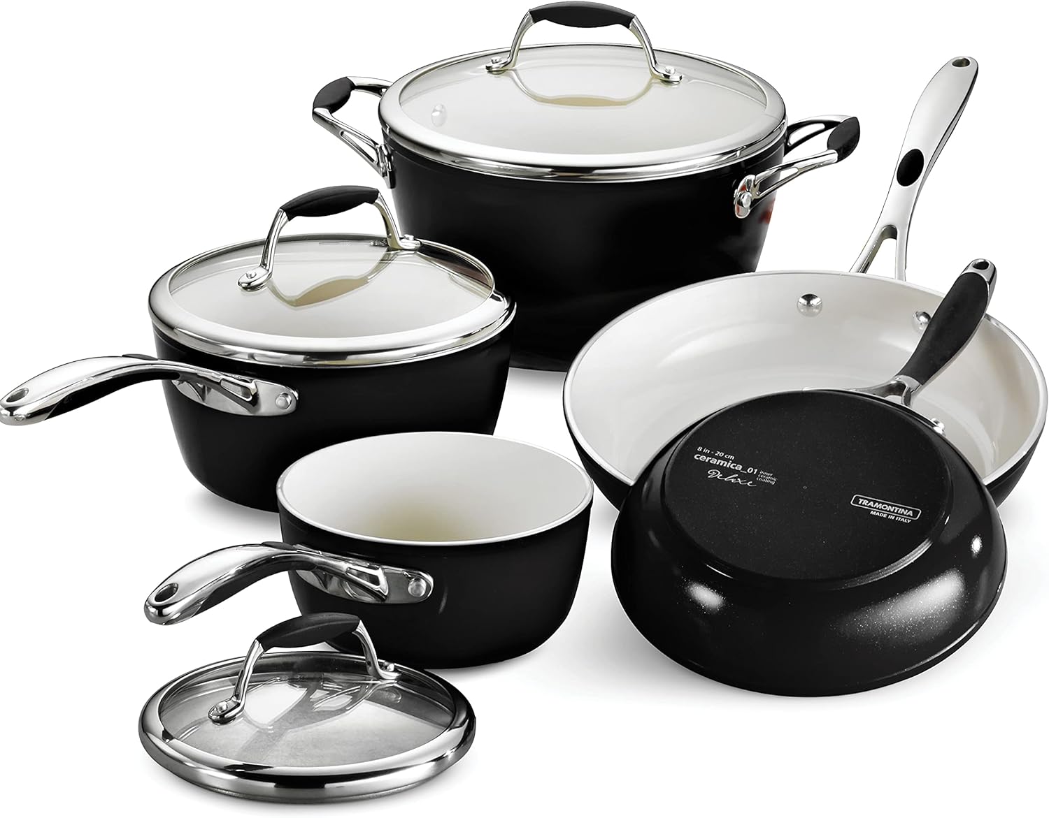 Tramontina Ceramica Deluxe 8-Piece Cookware Set with Lids, Ceramic Non Stick Pots and Pans Kitchen Set, Oven-Safe, Metallic Black