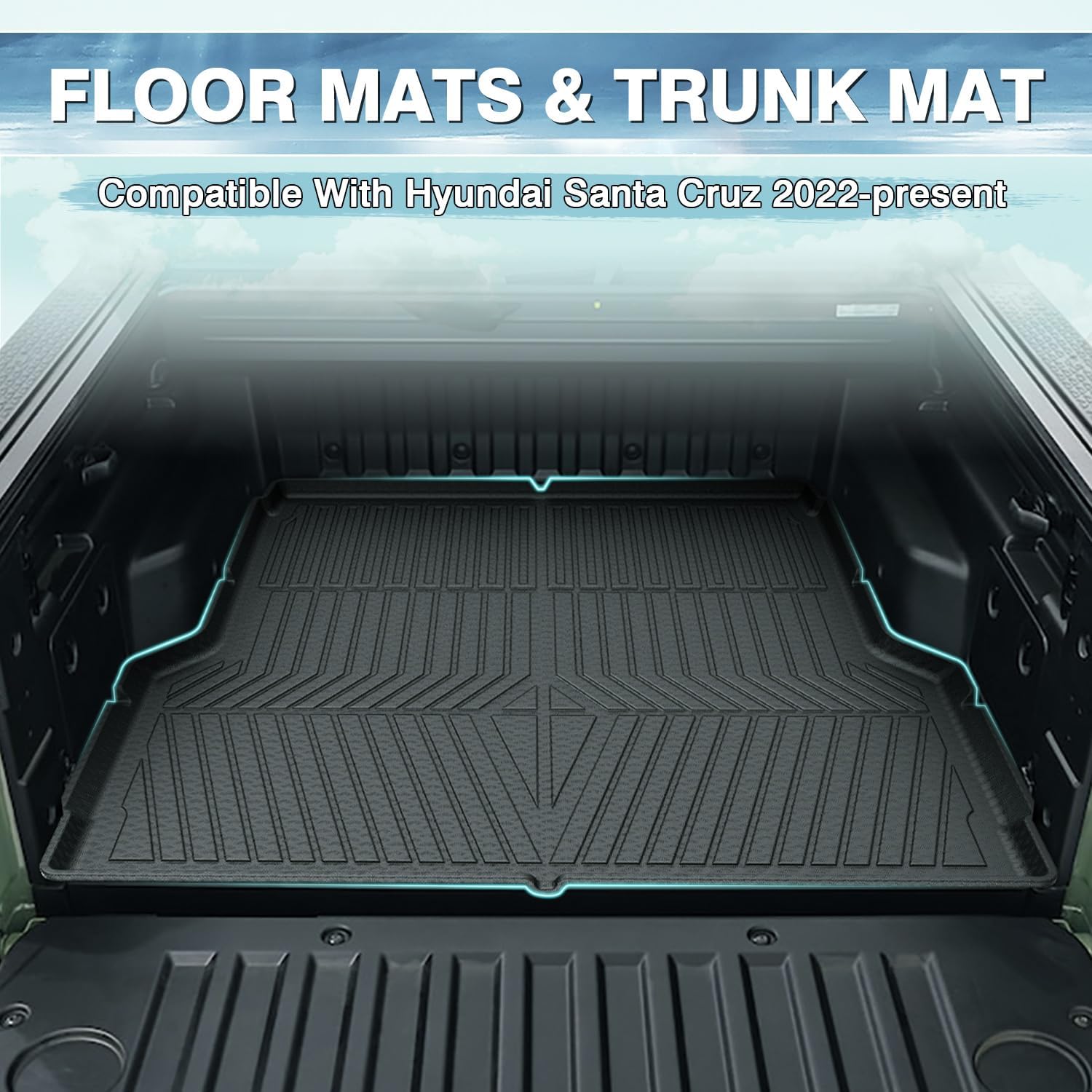 Mixsuper Bed Mat Floor Mats for Hyundai Santa Cruz 2022-2026, All Weather Bed Mat and 2 Row Anti-Slip Floor Liners Set Black