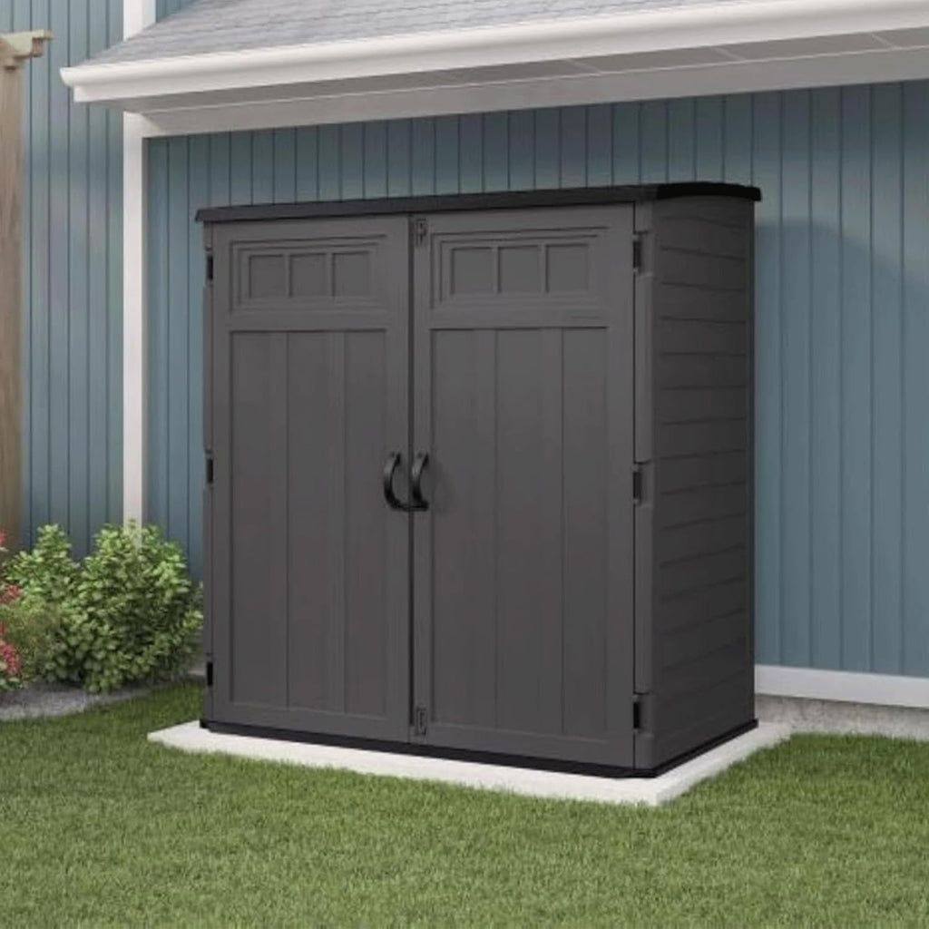 Suncast 106 Cubic Foot Extra Large Vertical Shed Outdoor Waterproof Resin Storage Cabinet with Doors for Patio, Garage, Garden, and Tools, Peppercorn