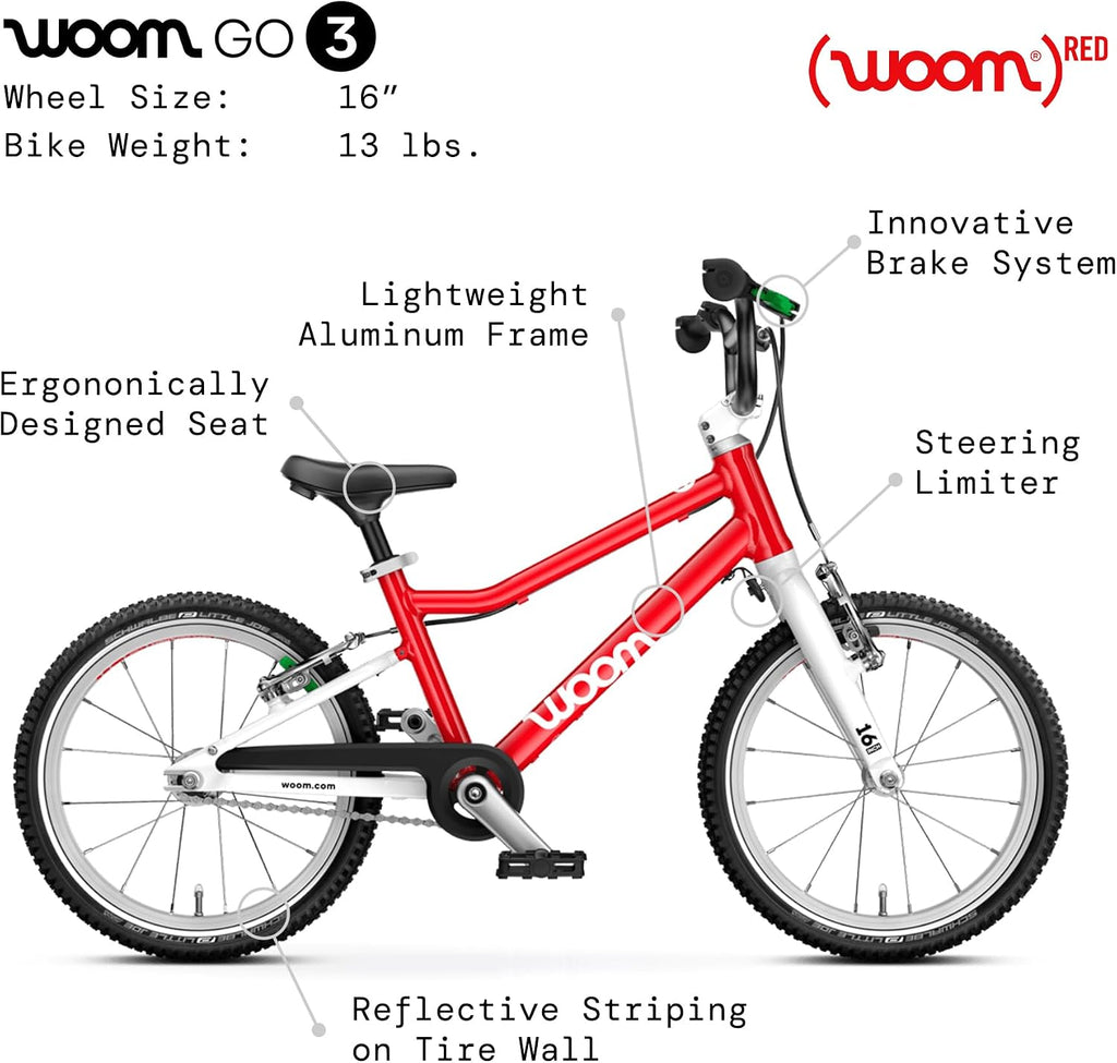 woom GO 3 / GO 3 AUTOMAGIC Kids' Bike, 16-Inch Lightweight Bicycle for Ages 4–6, Handbrakes, Steering Limiter, Chainguard, Boys & Girls