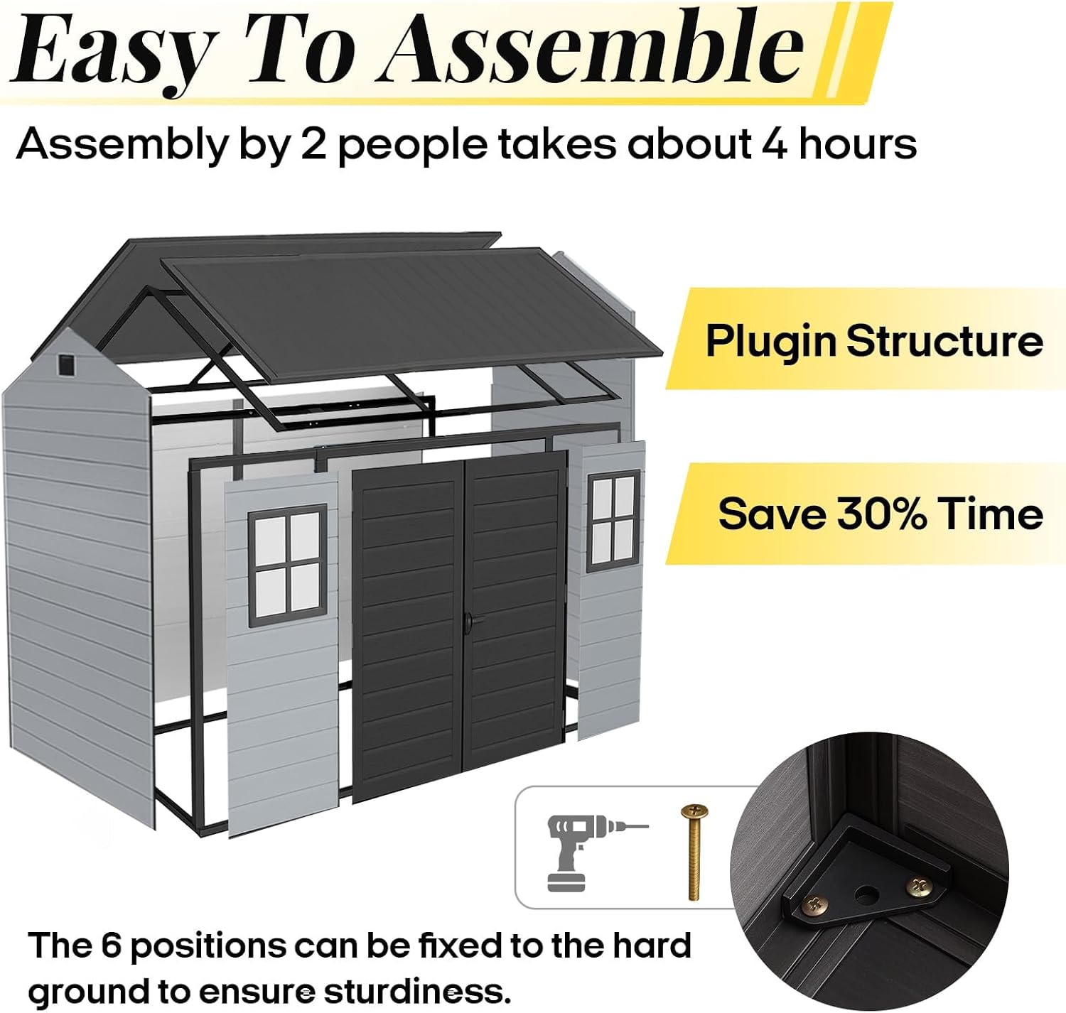 8x4ft Resin Outdoor Storage Shed with Floor and 2 Windows, Plastic Sheds & Outdoor Storage Clearance for Patio Furniture, GardenTools, Lawn Mower and Bike Accessories, Black+Grey