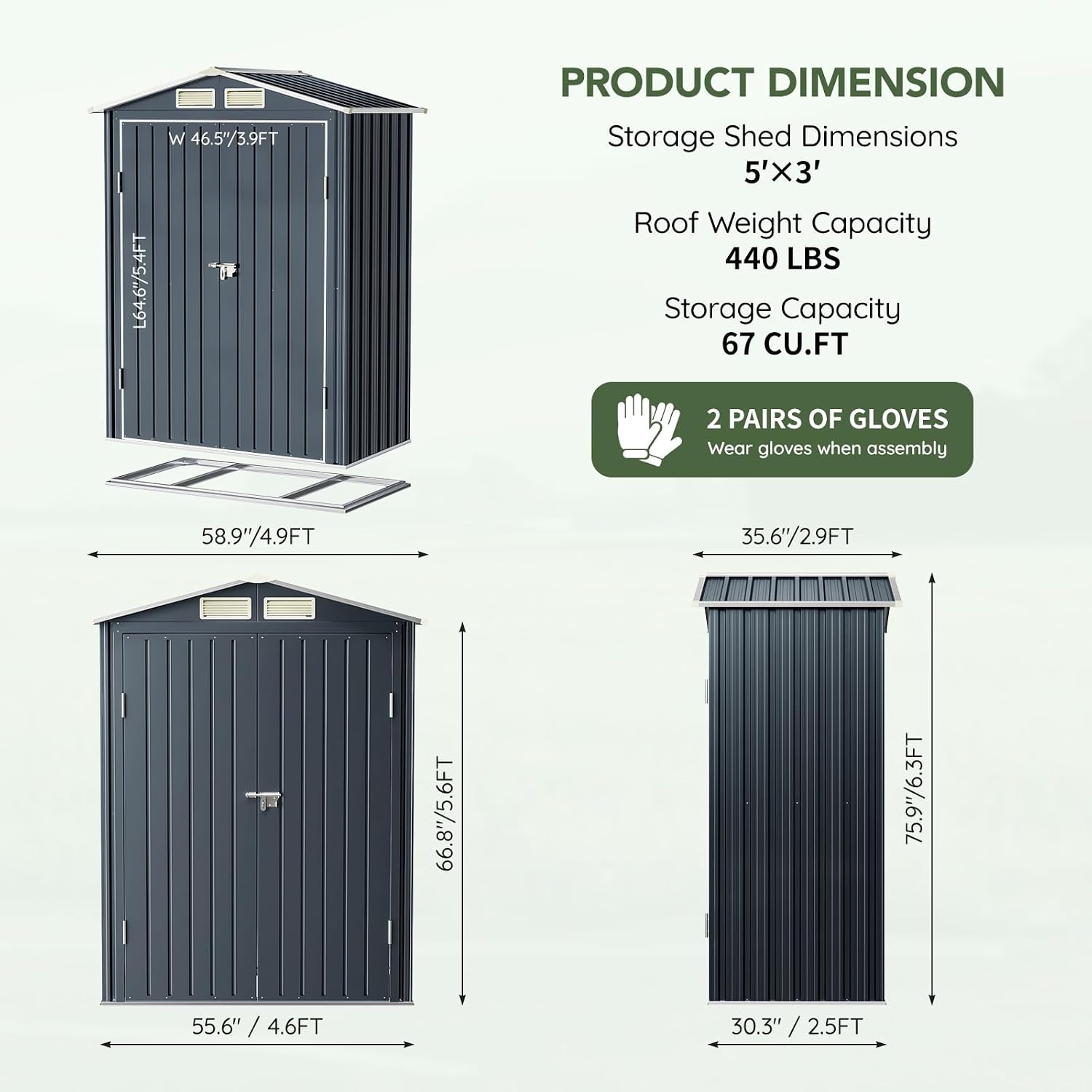 5x3 FT Outdoor Metal Storage Shed with Floor Frame, Double Door, 1 Clear Window, Tool Shed for Garden, Patio, Backyard