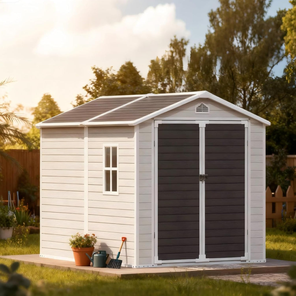 6x8 FT Plastic Resin Shed with Floor, All-Weather Storage Sheds Outdoor with Floor and Window Easy to Install, Large Plastic Sheds & Outdoor Storage for Garden Backyard Patio, Dove Grey