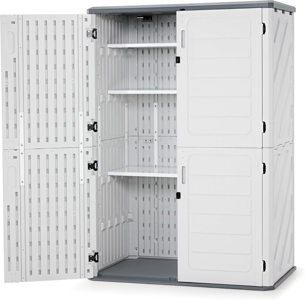 Macrout 50 Cu.Ft Plastic Outdoor Storage Cabinet with Shelves, 4.3 x 2.5 ft Waterproof Resin Outdoor Storage Shed with Floor, Lockable Vertical Shed for Garden and Patio