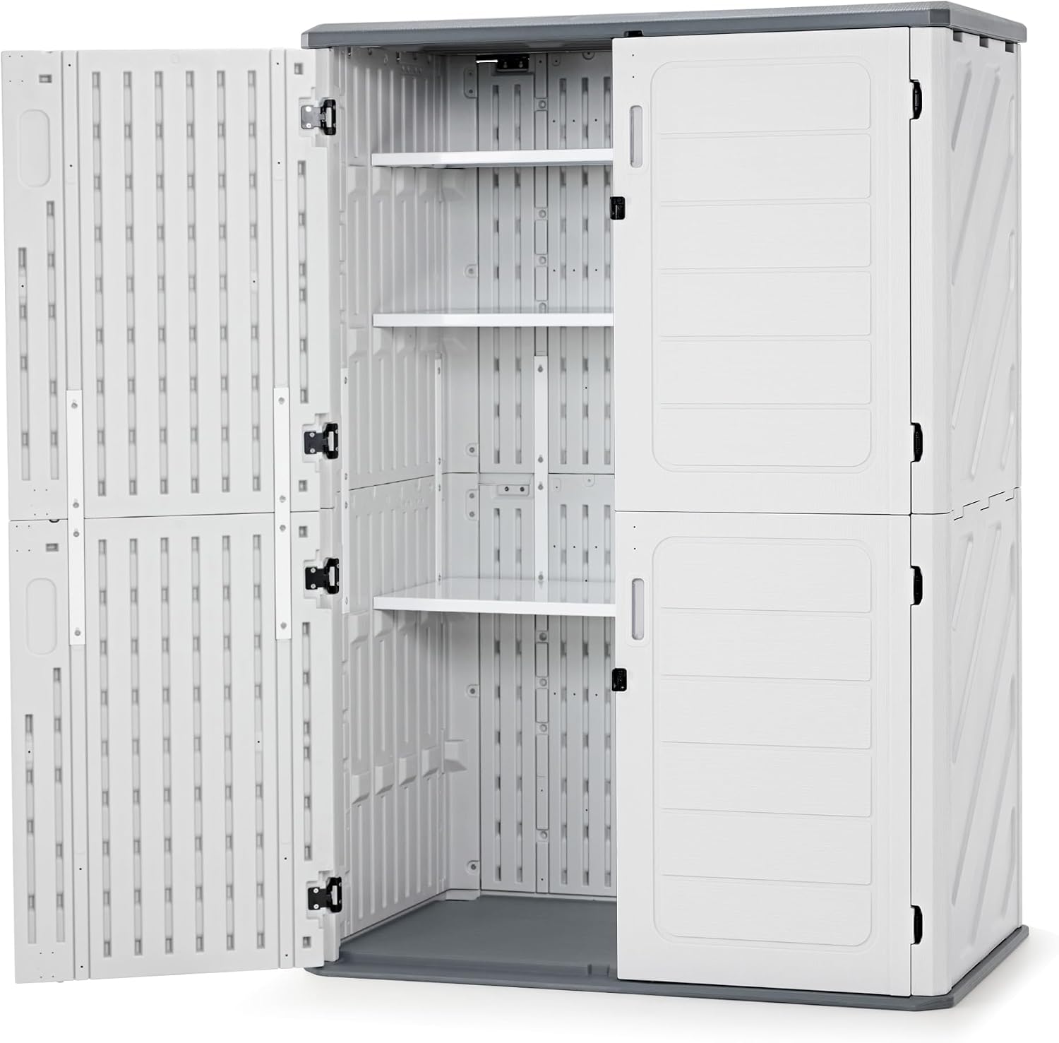 Macrout 50 Cu.Ft Plastic Outdoor Storage Cabinet with Shelves, 4.3 x 2.5 ft Waterproof Resin Outdoor Storage Shed with Floor, Lockable Vertical Shed for Garden and Patio