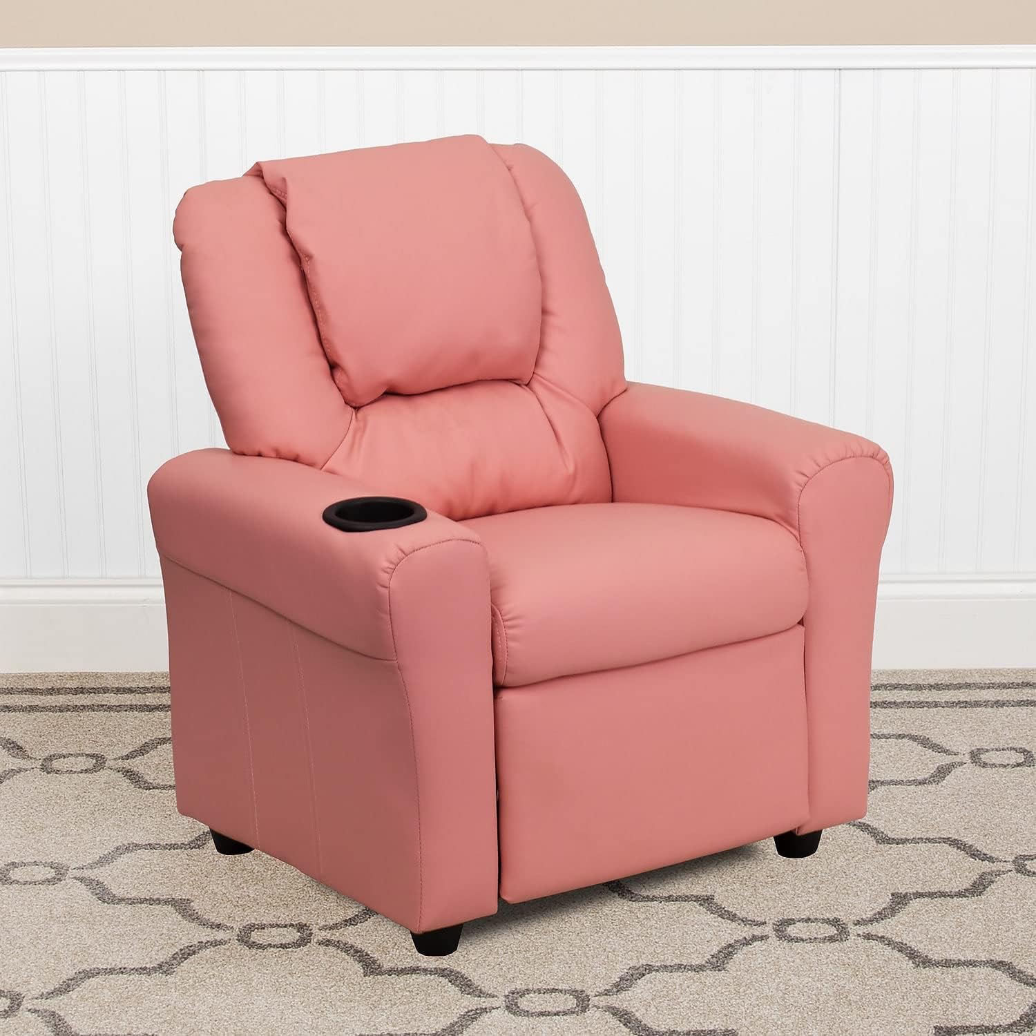 Flash Furniture Vana Vinyl Kids Recliner with Cup Holder, Headrest, and Safety Recline, Contemporary Reclining Chair for Kids, Supports up to 90 lbs., Pink