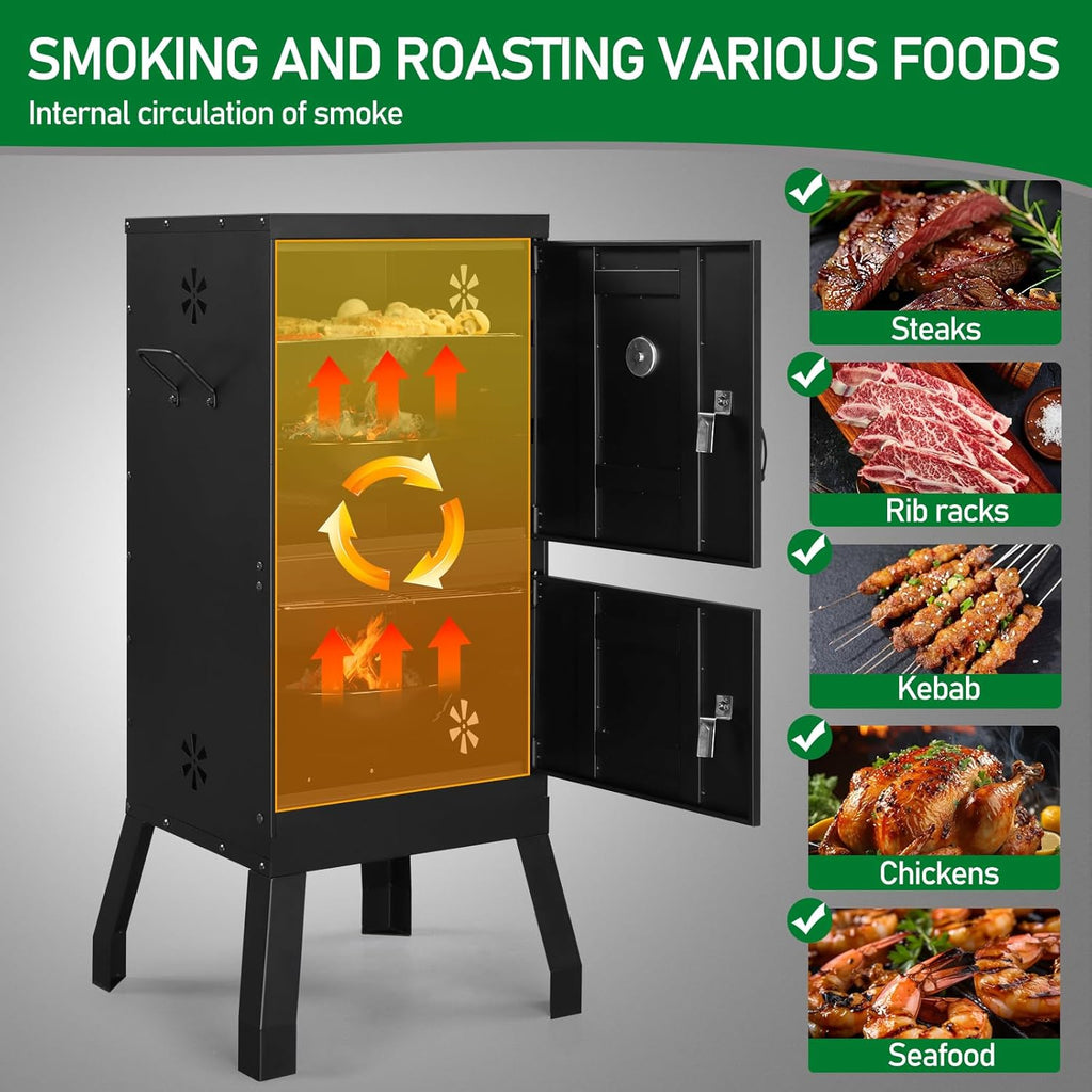 Vertical Charcoal Smoker with Double Doors & 2 Detachable Grill Racks – Outdoor BBQ Smoker Oven with Adjustable Air Vents, Thermometer & Water Pan – Heavy-Duty Camping/Backyard Grill (40.5x39x