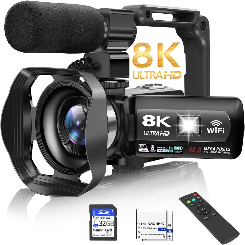 Video Camera, 8K Camcorder 48MP 15FPS UHD WiFi Vlogging Camera with IR Night Vision for YouTube, 3' Touch Screen 18X Digital Zoom, with Fill Light, Mic, Stabilizer, Lens Hood, Remote and 2 Batteries