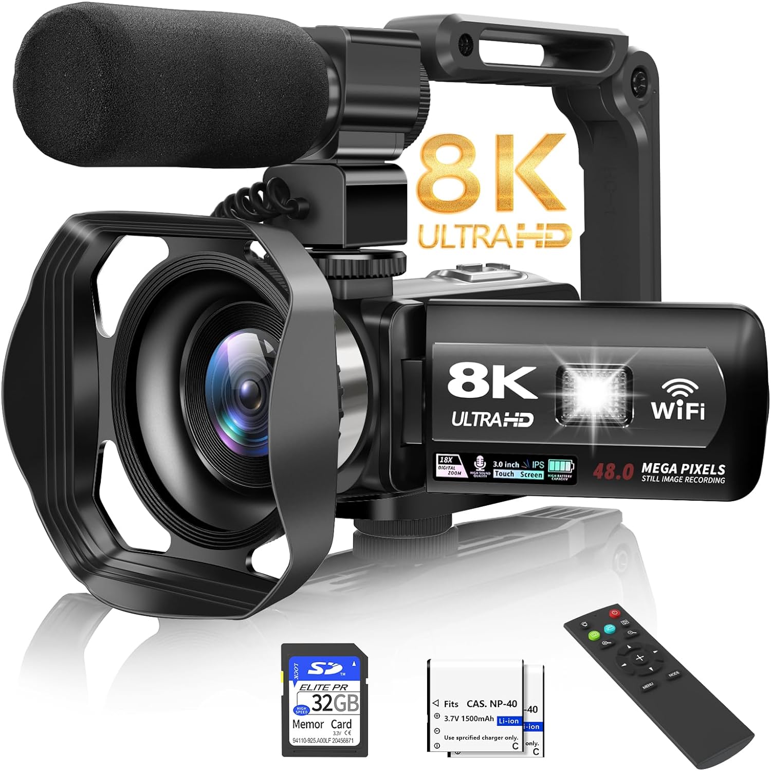 Video Camera, 8K Camcorder 48MP 15FPS UHD WiFi Vlogging Camera with IR Night Vision for YouTube, 3' Touch Screen 18X Digital Zoom, with Fill Light, Mic, Stabilizer, Lens Hood, Remote and 2 Batteries