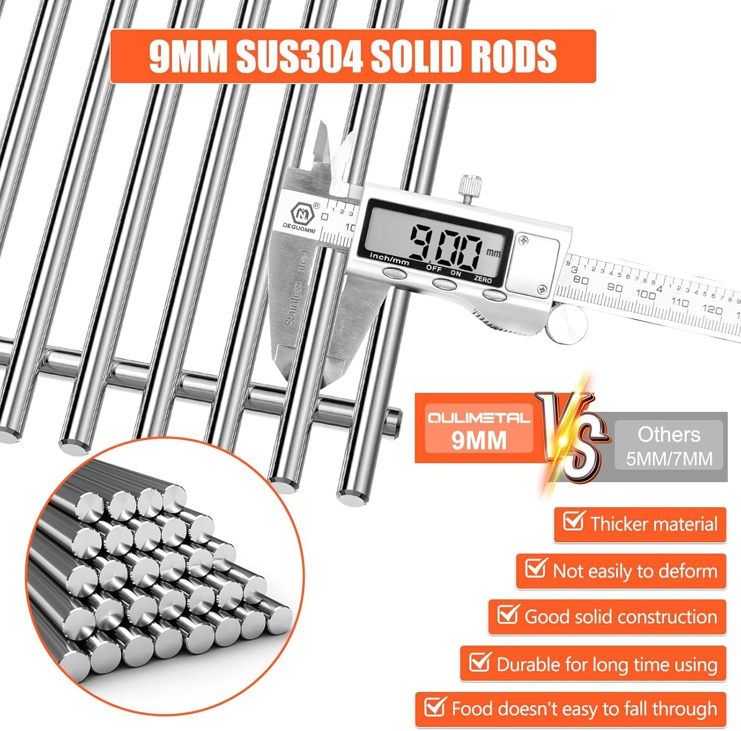 QuliMetal SUS304 9MM Grill Grates for Weber Genesis II E-410/E-415/E-435, Grill Parts for Genesis II/LX E-440 Series Gas Grills, 304 Stainless Steel Grill Grates Parts for Weber GS4 66089 66097