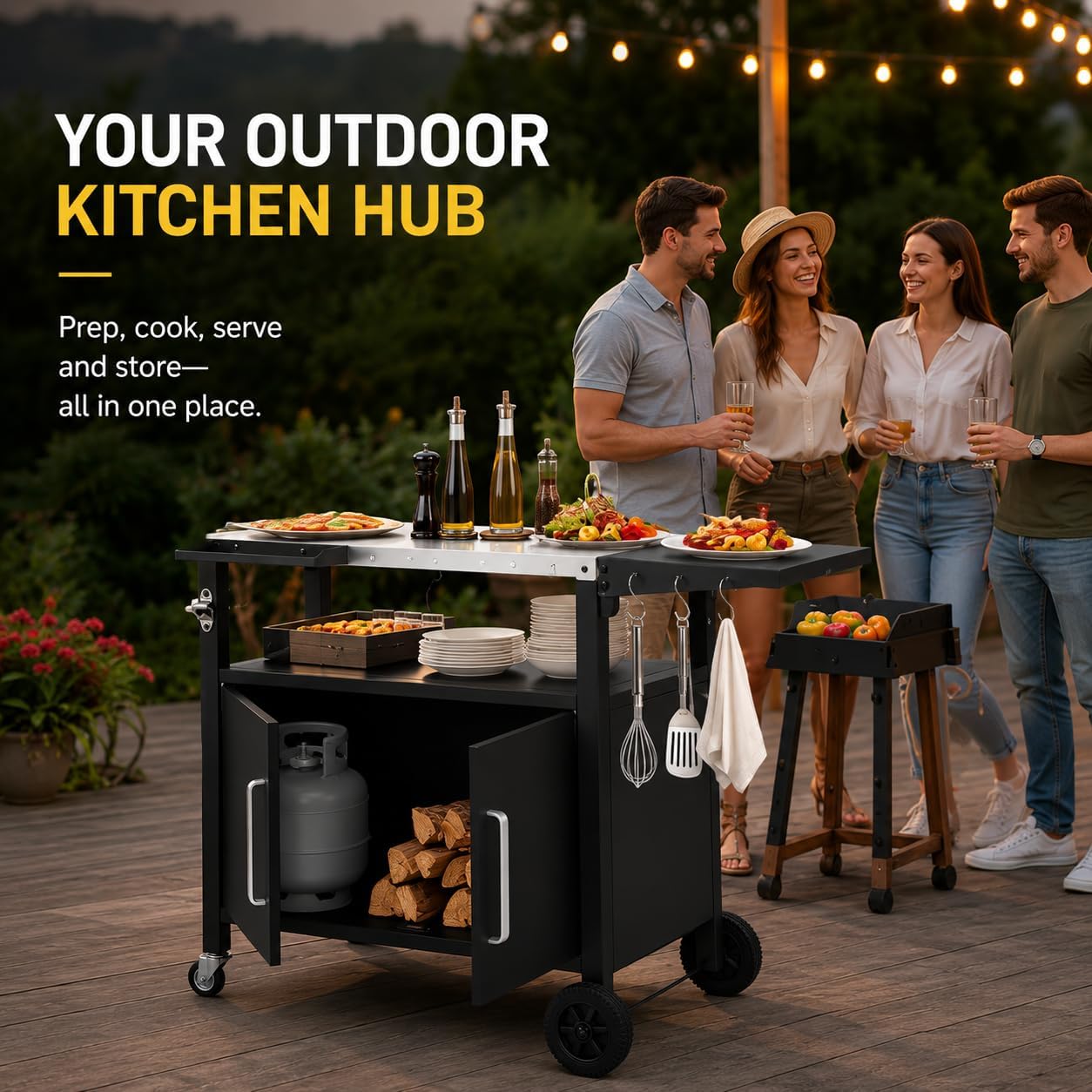 Outdoor Grill Cart with Storage, Rolling Outdoor Bar Cart and Foldable Korean BBQ Table, Movable Outdoor Kitchen Island and BBQ Cart for Patio Dining and Food Prep, with Wheels and Hooks