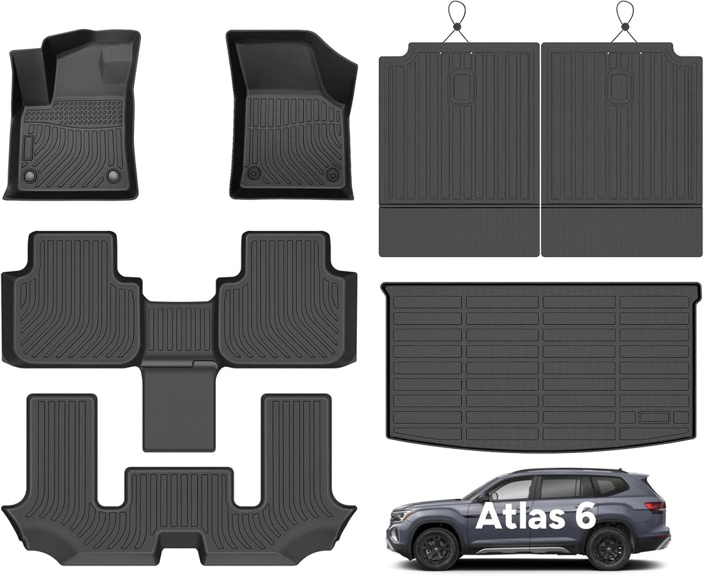 Wayhigh® Floor Mats & Backseat Cargo Liner for Volkswagen Atlas 2018-2026 6 Passenger 2nd Row with Bucket Seat (50/50 Velcro Tape Fixed Backseat) TPE 3 Rows Car Mat Waterproof, Accessories