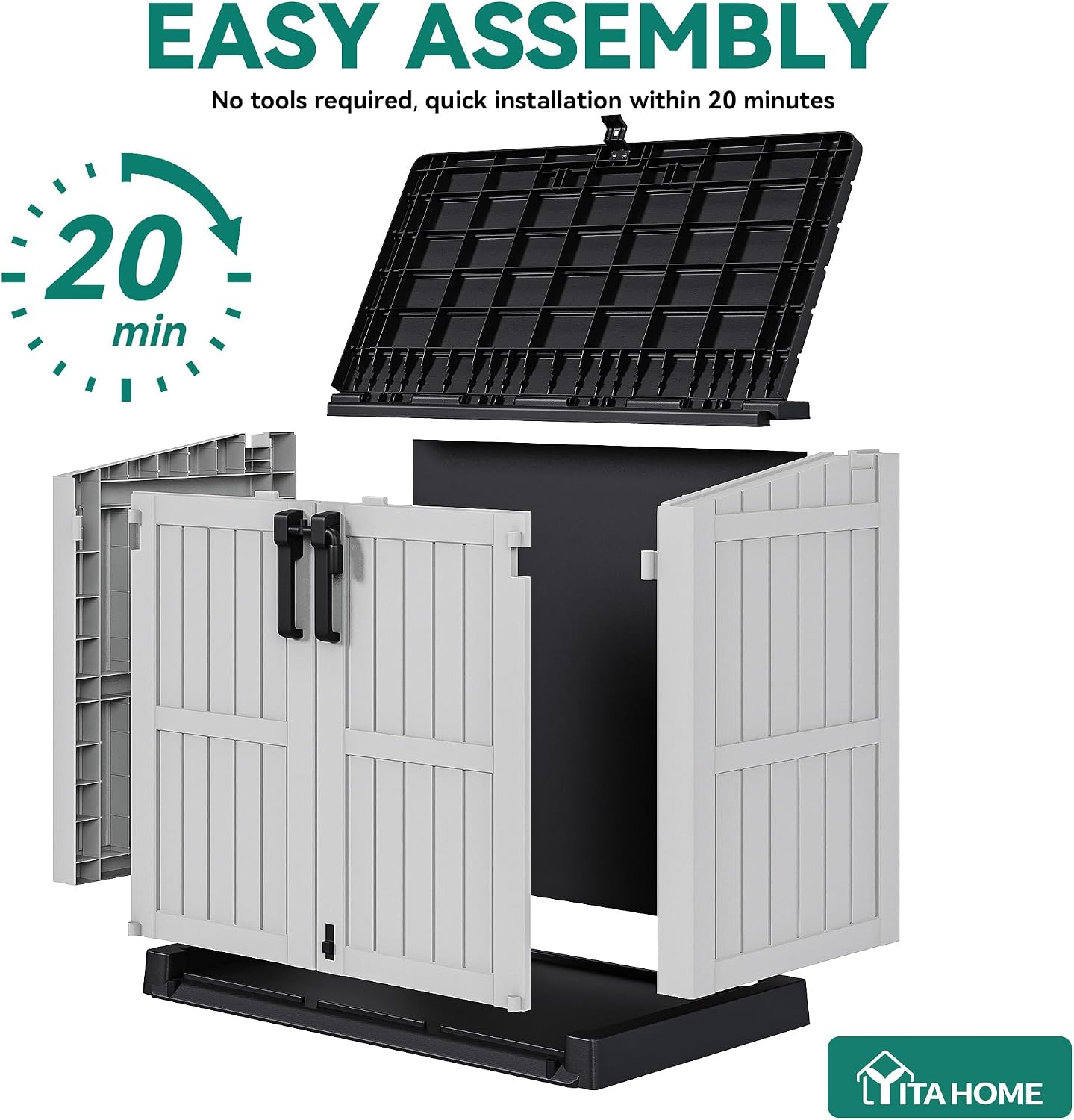 YITAHOME 36 cu ft Resin Outdoor Storage Shed, Weather-Resistant Horizontal Tool Shed, Waterproof Outdoor Storage with Lockable Doors & Air Vent for Trash Cans, Garden Tools (Light Gray)