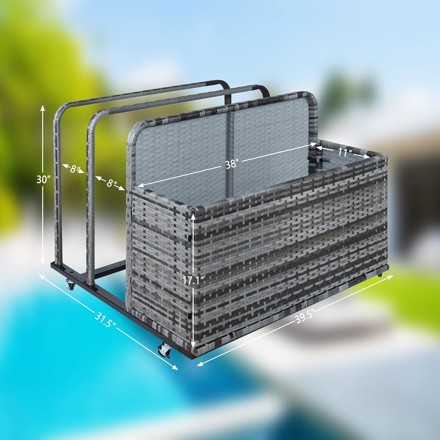 Outdoor Storage, Double Layer Poolside Float Storage, Patio Poolside Float Storage Basket, Storage Box, PE Rattan Outdoor Pool Caddy with Rolling Wheels for Floaties,Beach-Sturdy,Grey