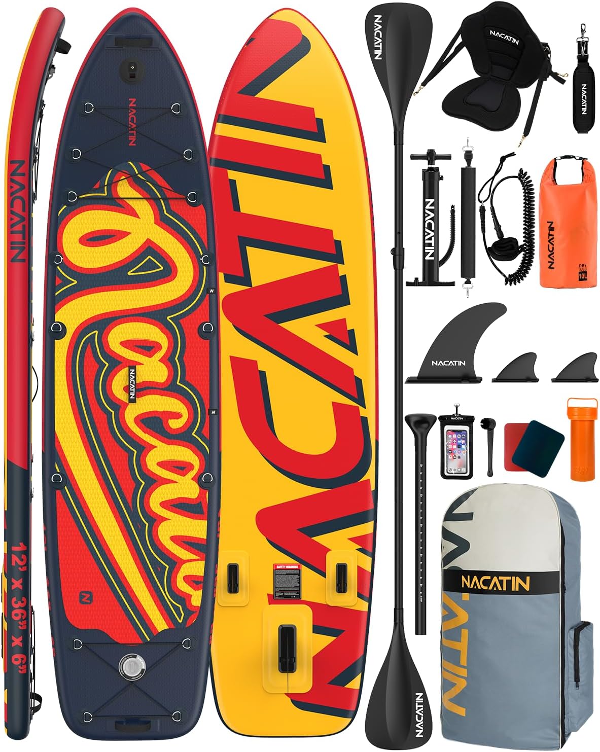 NACATIN 12'/366cm Extra Large Inflatable Stand Up Paddle Board with Seat, Wide 36'/91cm SUP Board for Adults & Family, with Single/Double Paddle, Kayak Seat, Pump, Stable Wide Deck for Beginners