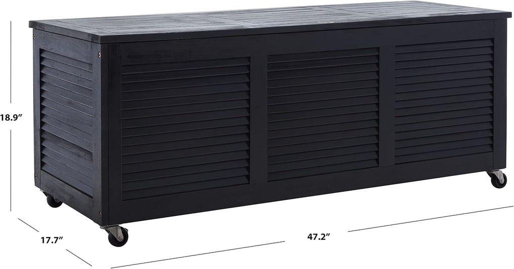 SAFAVIEH Outdoor - Elina Cushion Storage Box - Black Solid Wood - Coastal Resort Storage Bench Design - Ideal for Patio, Deck, Porch, Backyard, 18'W x 47'D x 19'H (PAT7038D)