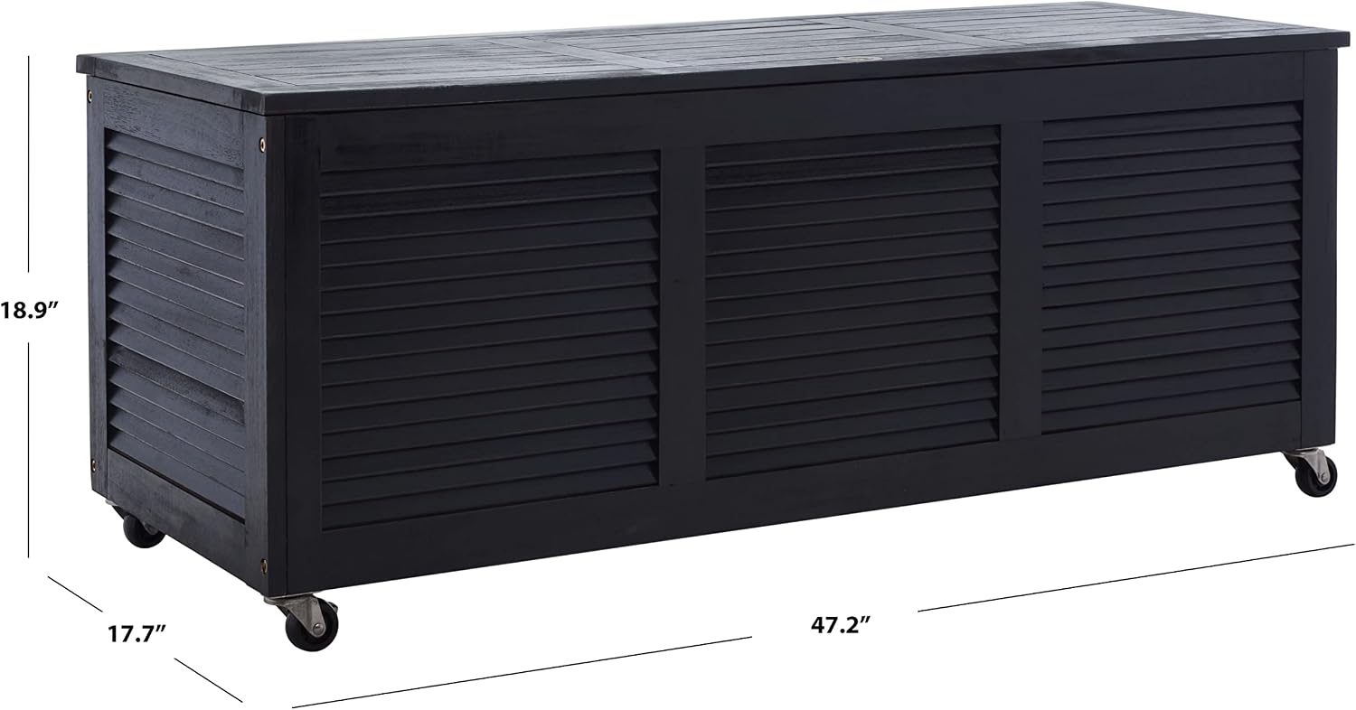SAFAVIEH Outdoor - Elina Cushion Storage Box - Black Solid Wood - Coastal Resort Storage Bench Design - Ideal for Patio, Deck, Porch, Backyard, 18'W x 47'D x 19'H (PAT7038D)