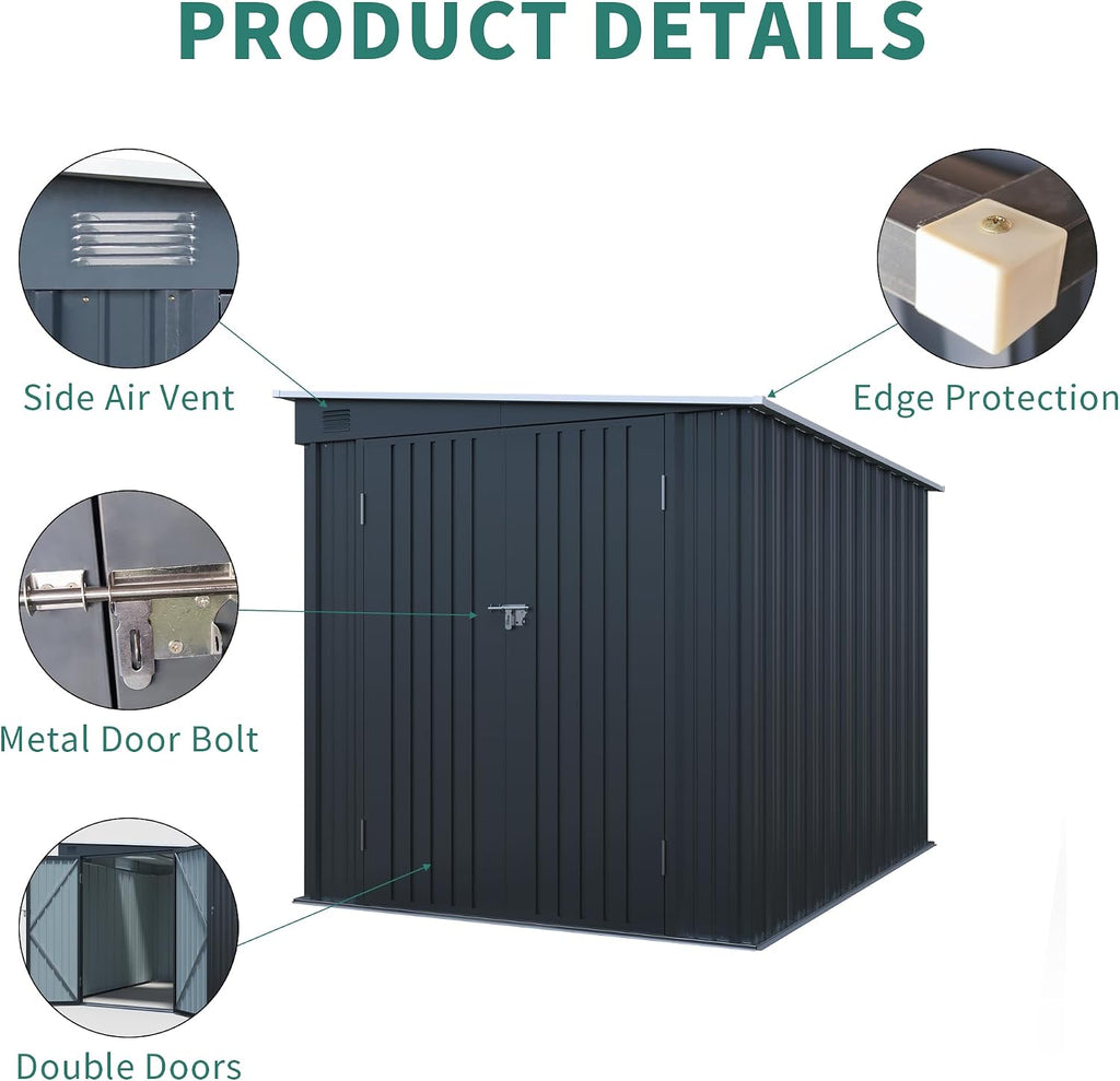KUIKUI 6x8FT Metal Shed, Outdoor Storage Shed Without Floor, Lean to Shed with Free PC Light Board and Lockable Doors for Garden Tools, Bike