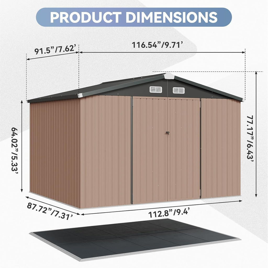 10x8 Galvanized Storage Shed with 15mm Moisture-Proof Floor Heavy Duty Outdoor Storage Shed, Double Doors & Sloped Roof, Ventilation Design for Bike, Generator, Garden Tools (10X8 with Floor)