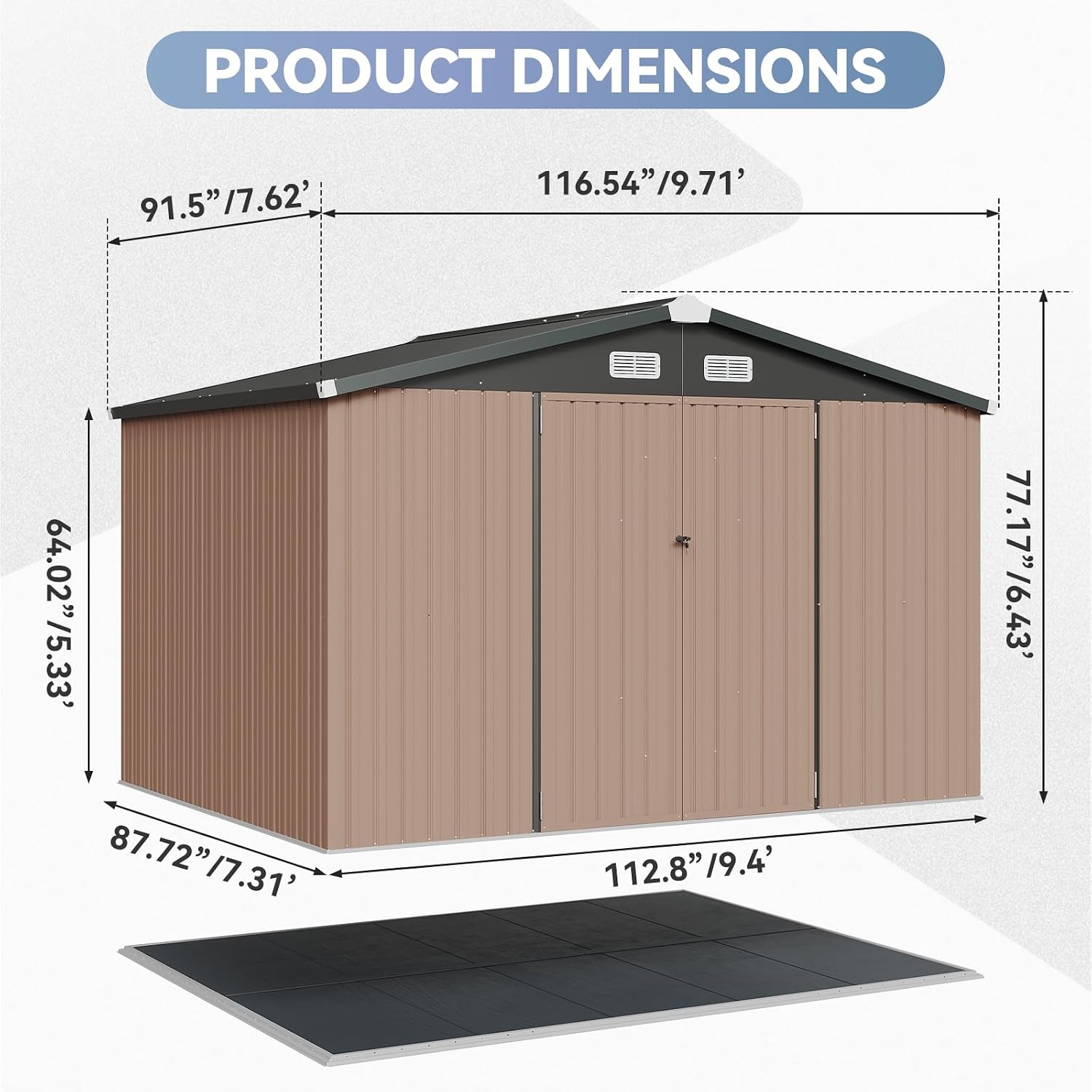 10x8 Galvanized Storage Shed with 15mm Moisture-Proof Floor Heavy Duty Outdoor Storage Shed, Double Doors & Sloped Roof, Ventilation Design for Bike, Generator, Garden Tools (10X8 with Floor)