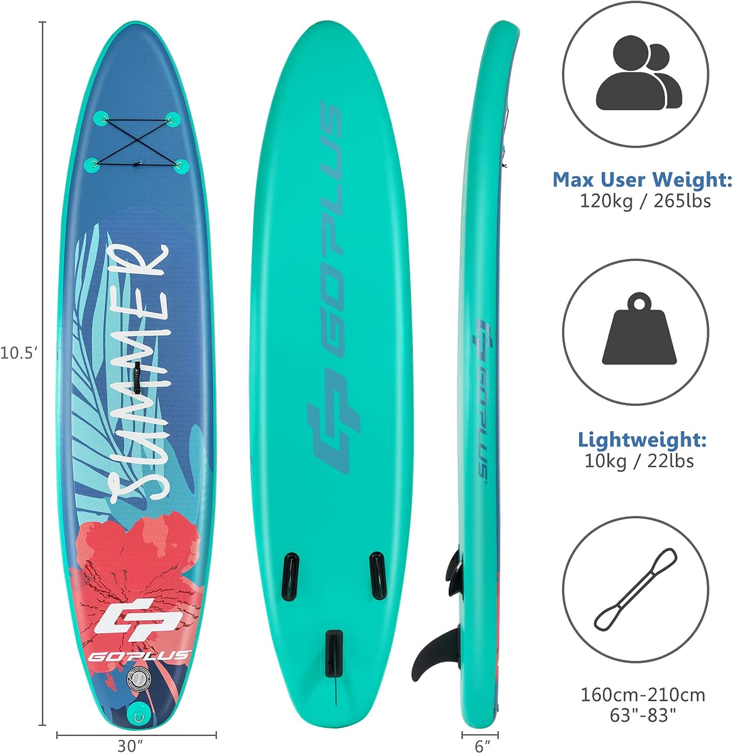 Goplus Inflatable Stand up Paddle Board, 10'/10.5'/11' SUP 6' Thick with Premium Accessories, Adjustable Aluminum Paddle, Leash, Carry Bag, Hand Pump, Removable Fin, ISUP for Adults