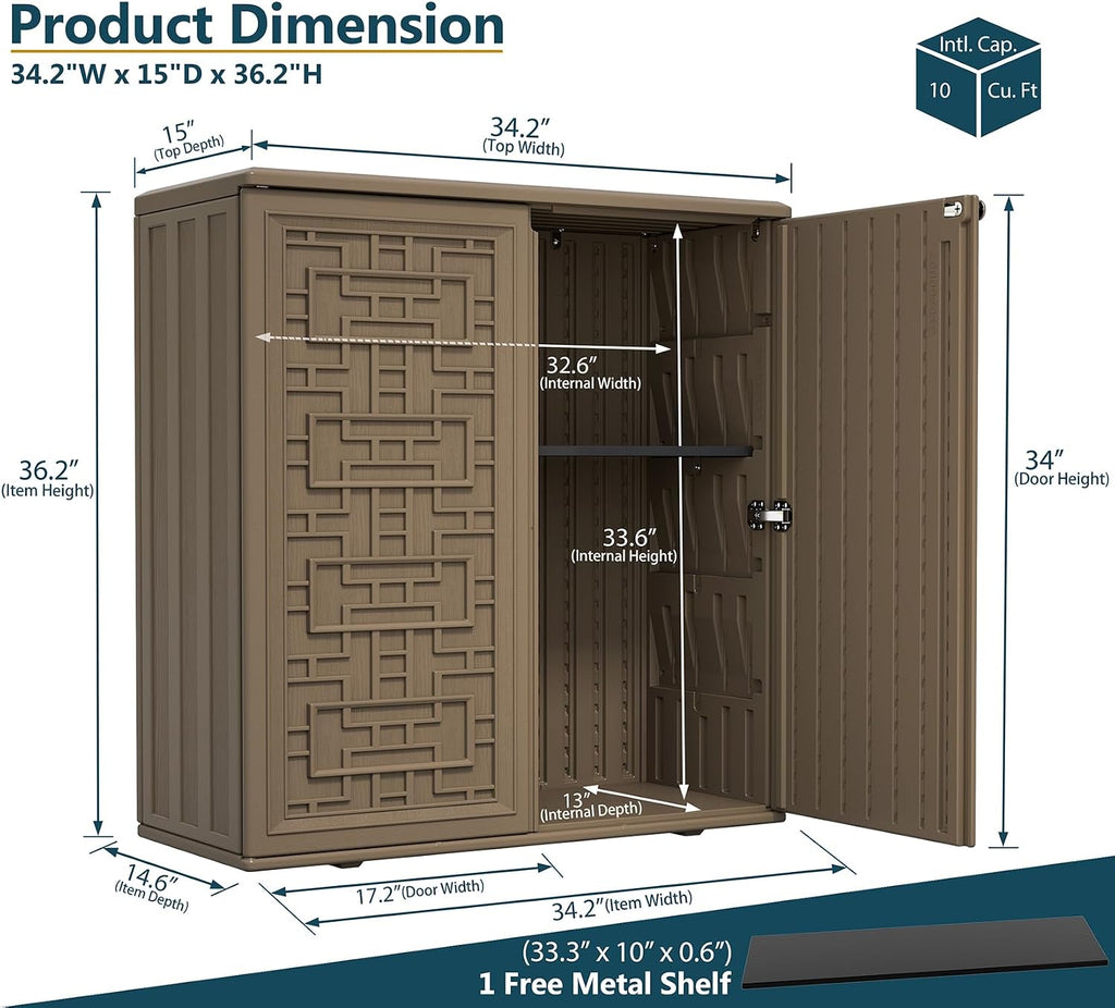 HOMSPARK Indoor/Outdoor Storage Cabinet with Doors and Shelf, 34'x16'x36' HDPE Plastic Storage Box for Patio, Balcony, Multi-Purpose for Tools, Brown