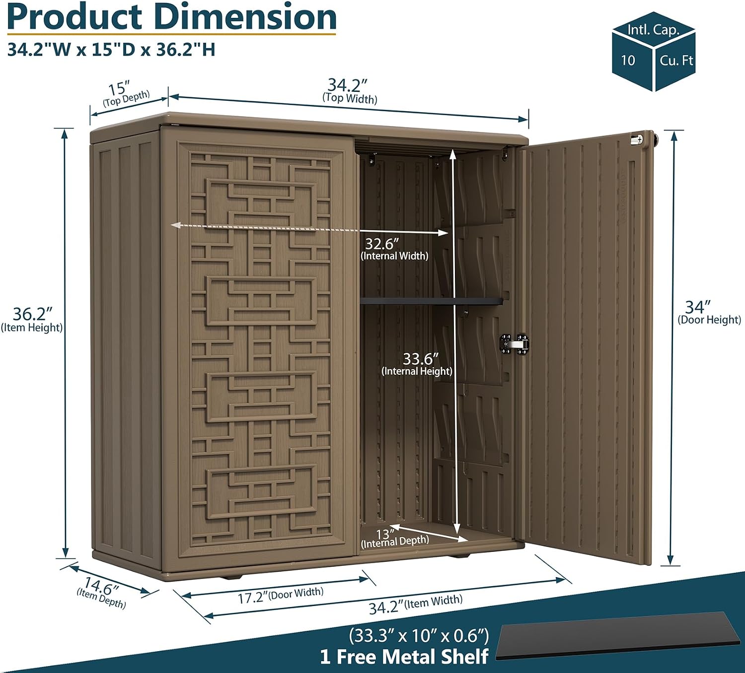 HOMSPARK Indoor/Outdoor Storage Cabinet with Doors and Shelf, 34'x16'x36' HDPE Plastic Storage Box for Patio, Balcony, Multi-Purpose for Tools, Brown