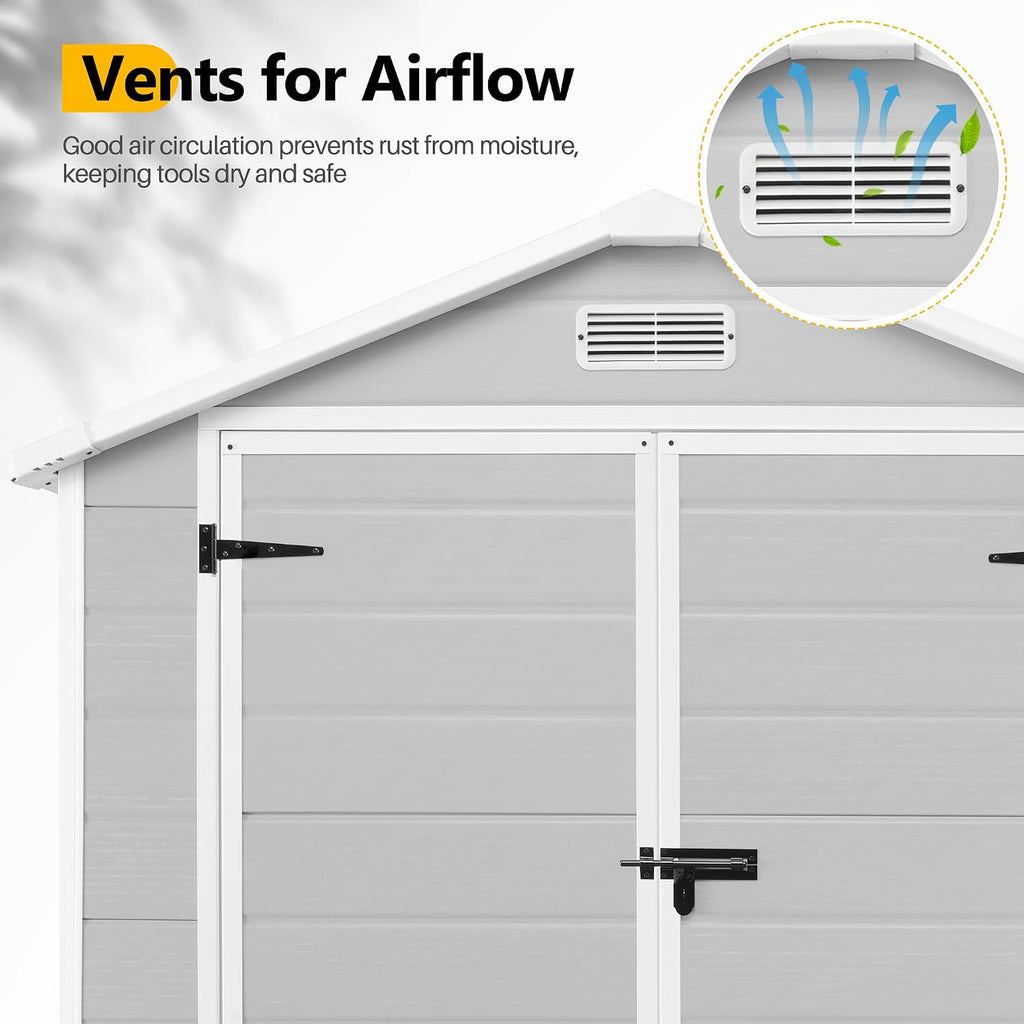 HUGROVE 6×4ft Outdoor Storage Shed with Floor, Waterproof & UV-Resistant Resin Garden Shed for Backyard with Lockable Double Doors, Air Vents & Side Window (Light Gray)